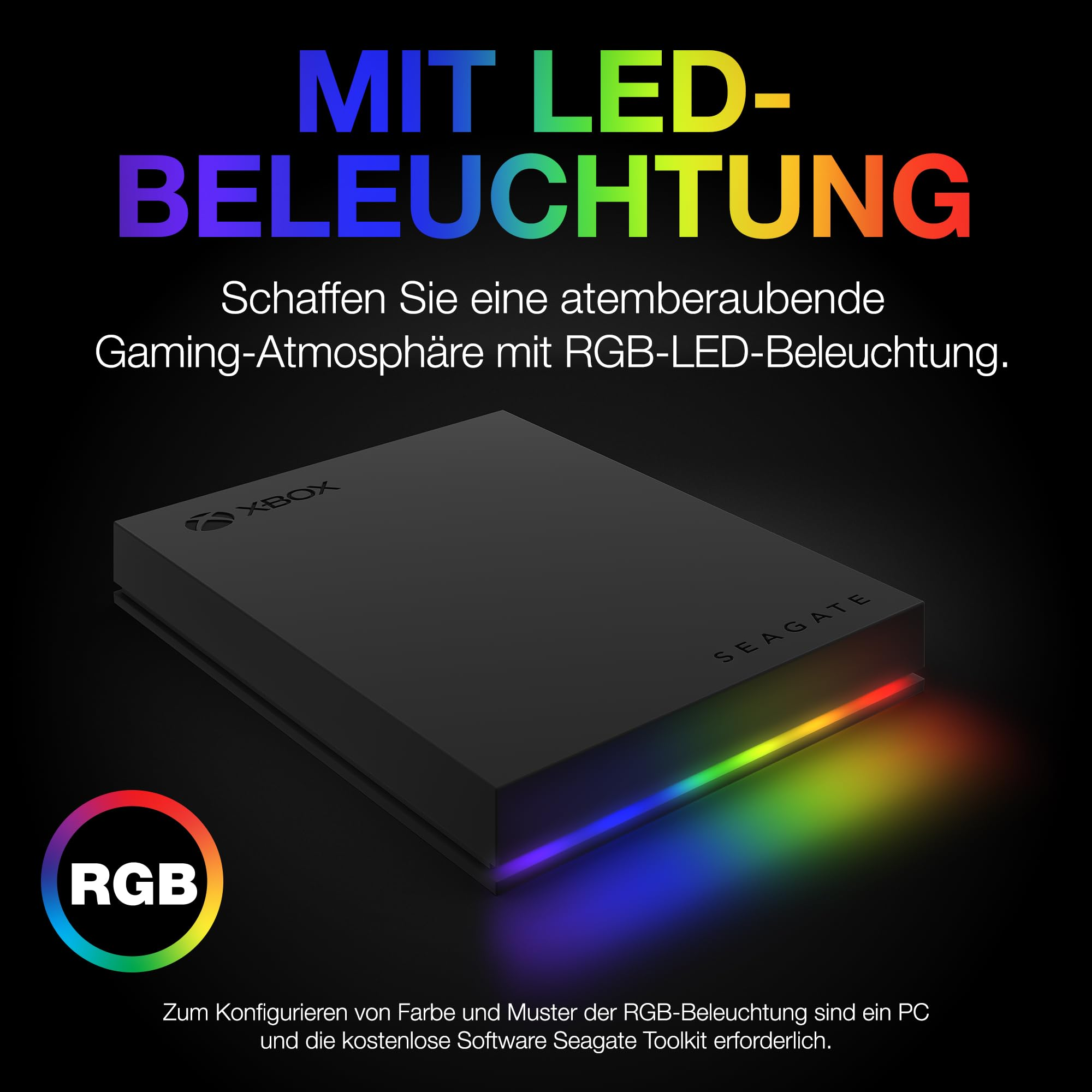 Eine schwarze Xbox Seagate Festplatte mit leuchtender RGB-Beleuchtung auf dunklem Grund.