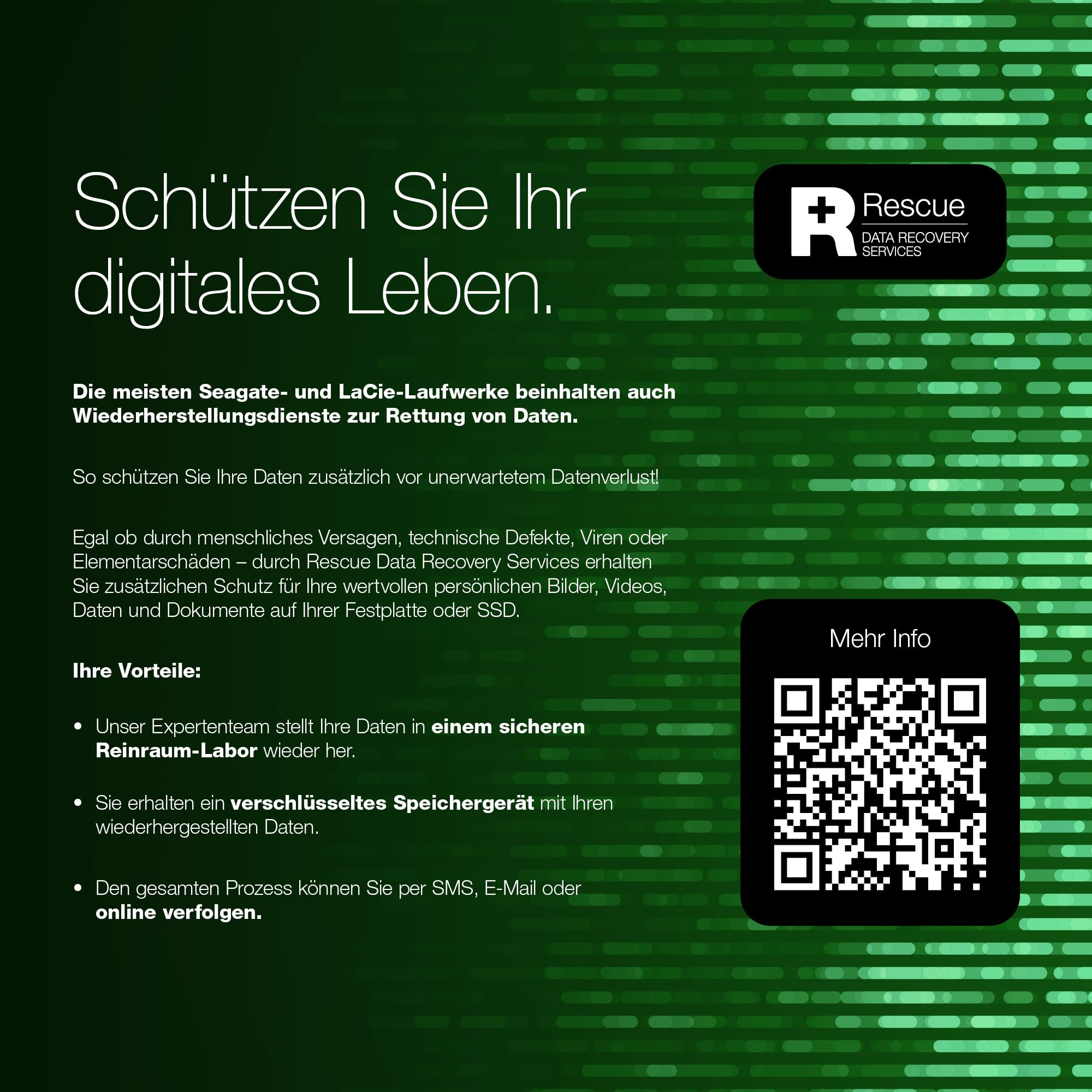 Grüne Anzeige über Seagate und LaCie Datenrettung mit QR-Code.