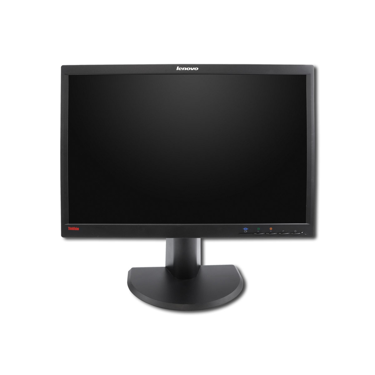 Ein schwarzer Lenovo-Monitor mit Standfuß auf weißem Hintergrund.