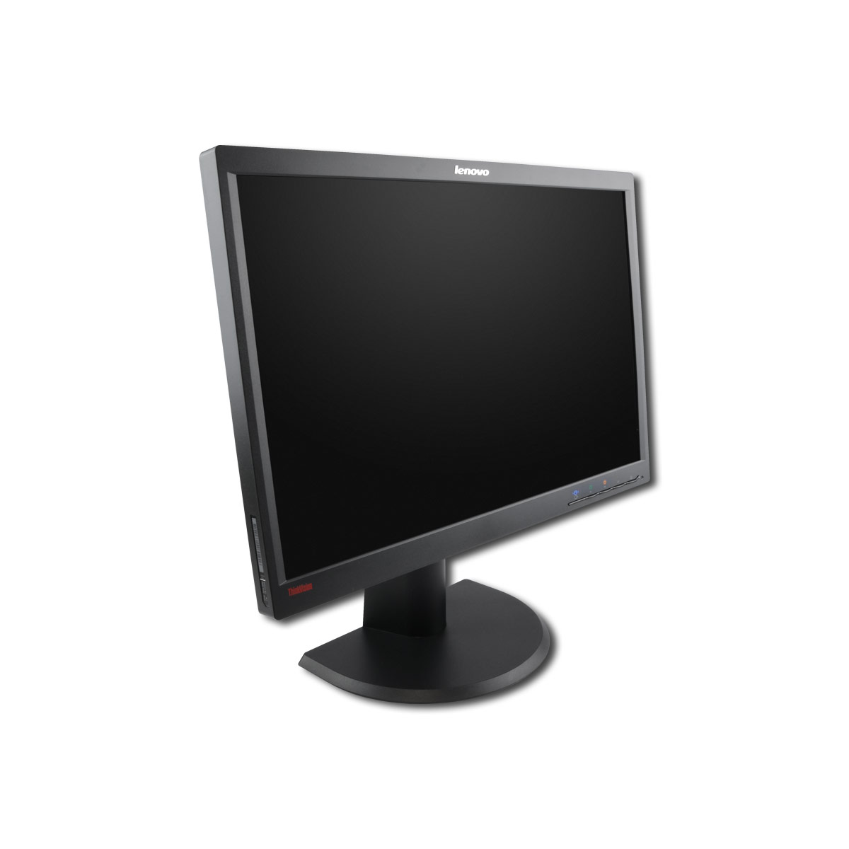 Ein schwarzer Lenovo-Monitor steht auf einem runden Fuß vor weißem Hintergrund.