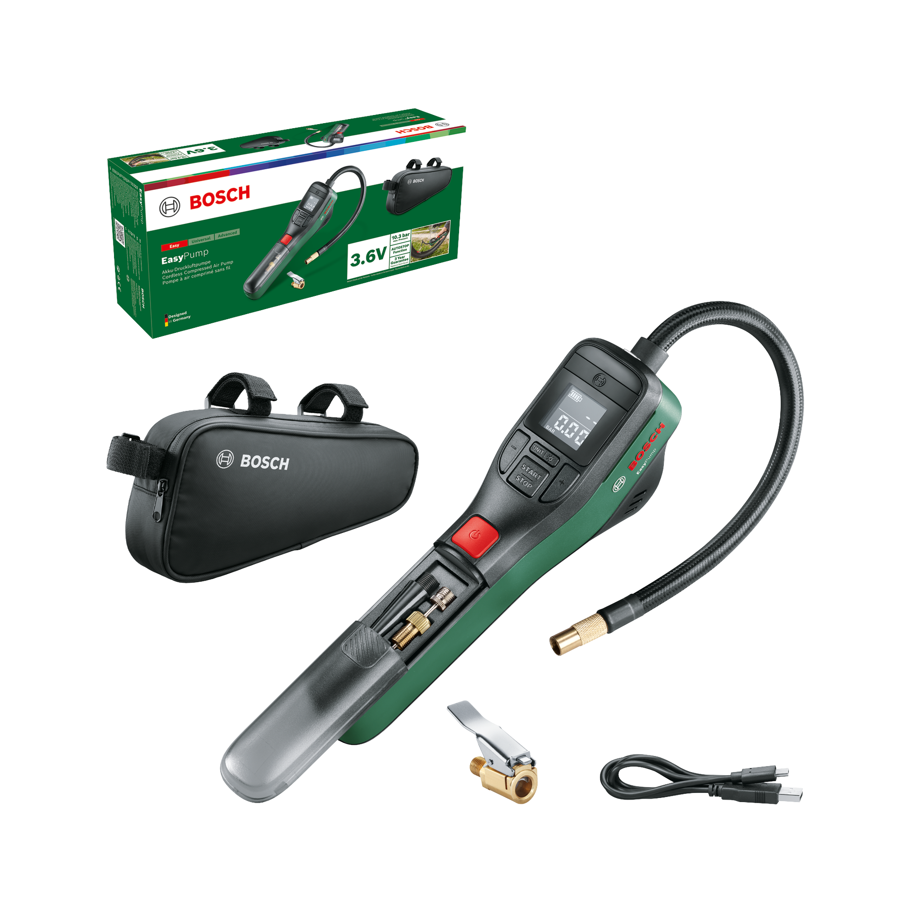 Bosch EasyPump Akkuluftpumpe mit Verpackung, Tasche, verschiedenen Adaptern und Ladekabel auf schwarzem Hintergrund.