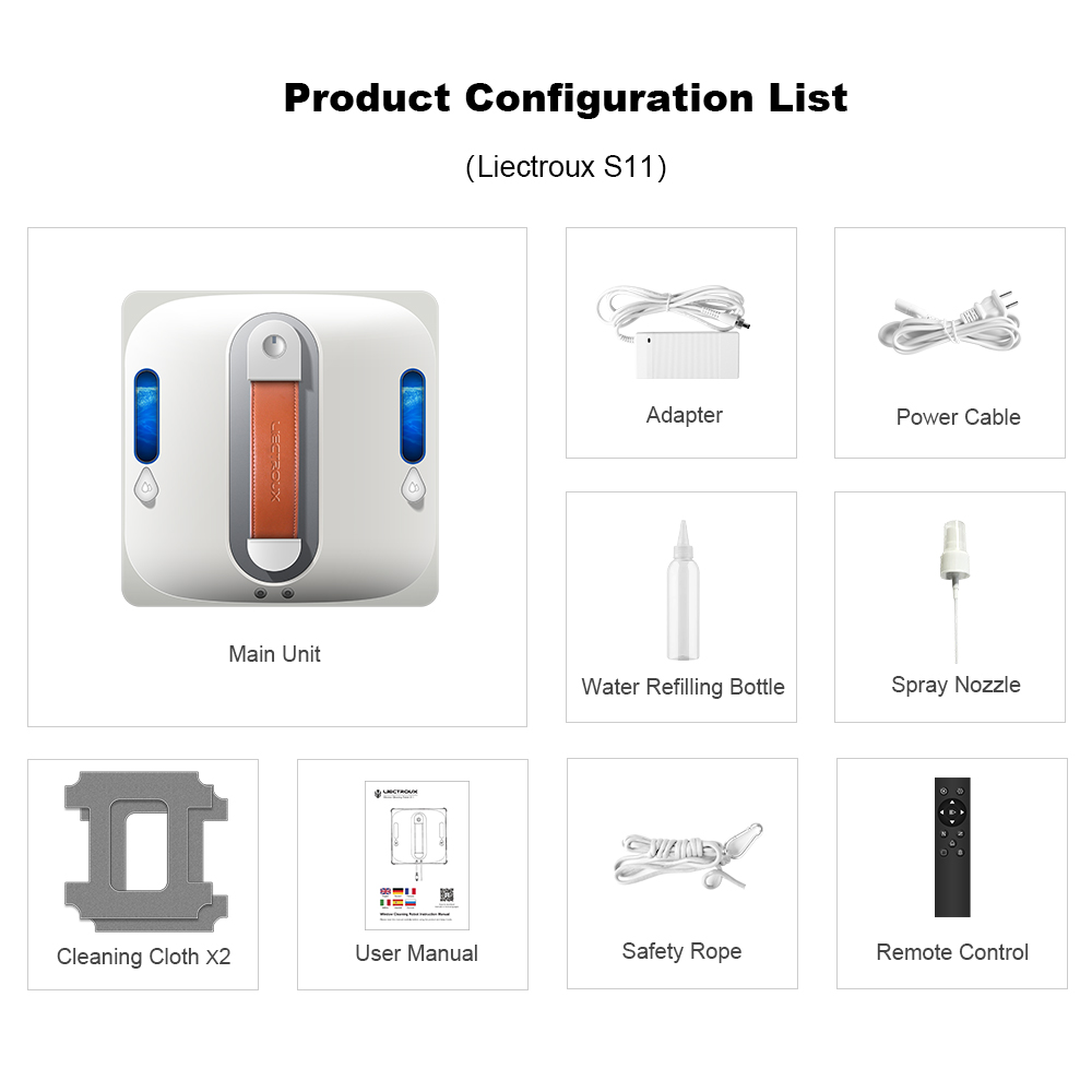Produktkonfiguration mit dem Hauptgerät des Fensterputzroboters und Zubehör wie Adapter und Fernbedienung.