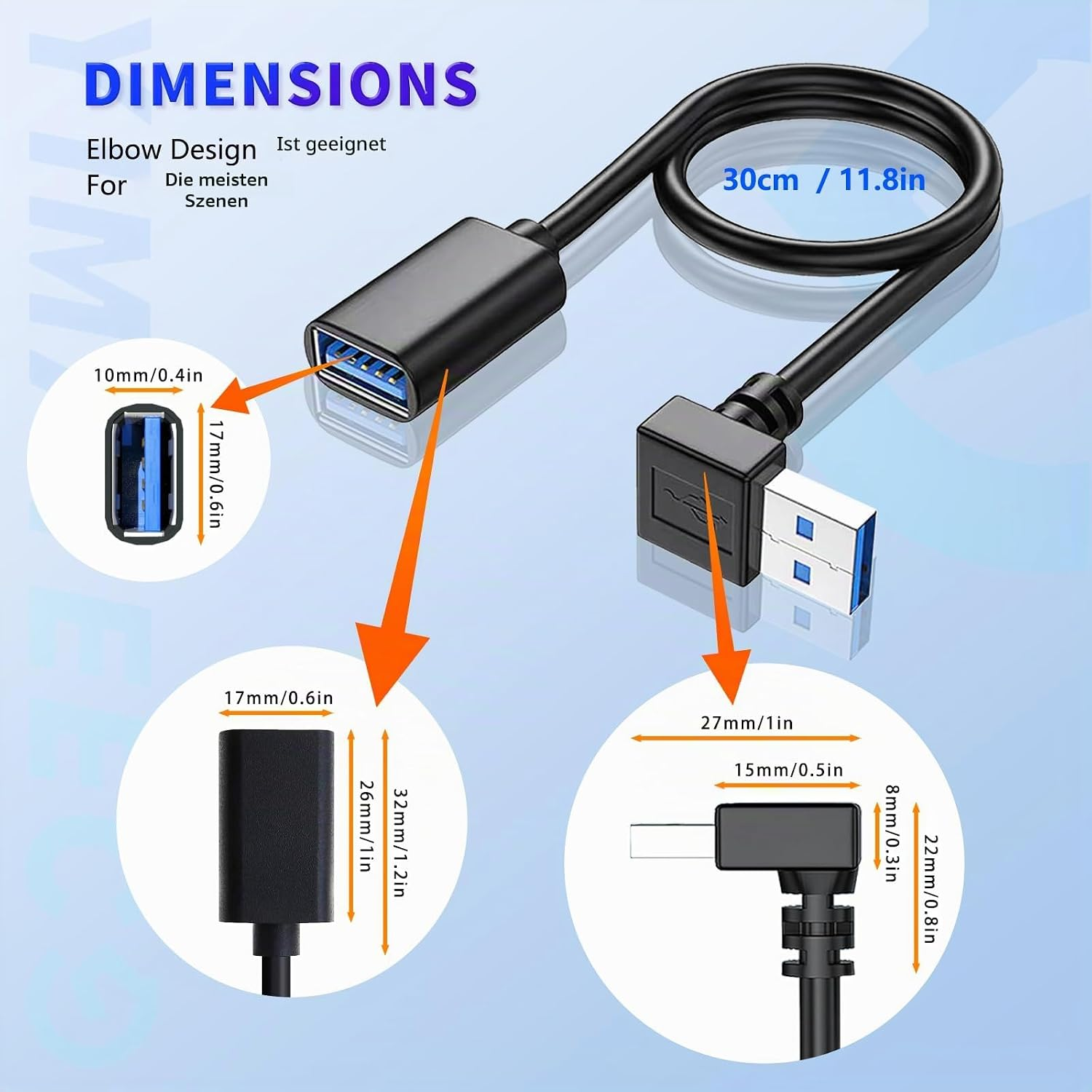Ein schwarzes USB 3.0-Verlängerungskabel mit Abwinklung, Länge und Detailmaßen dargestellt.