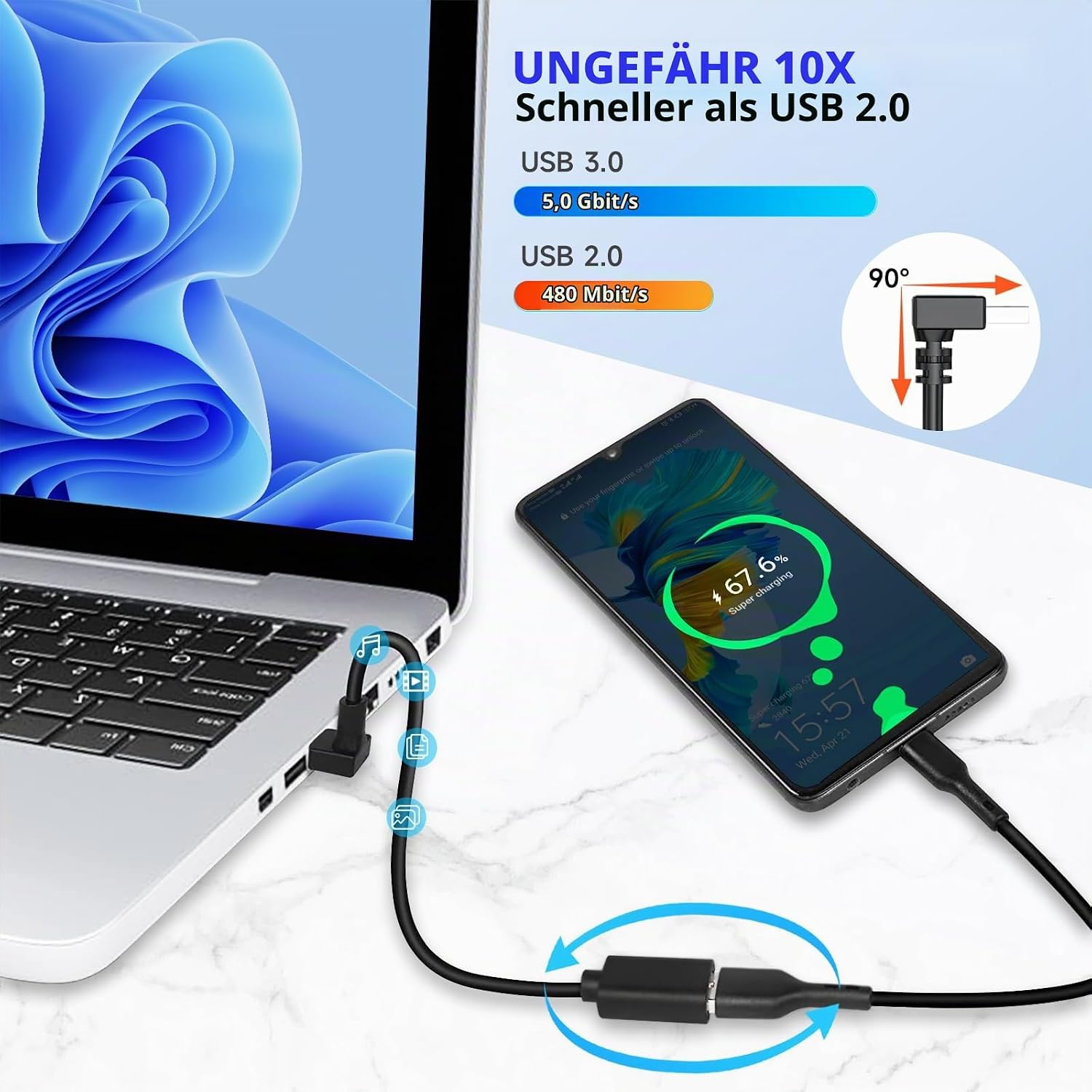 Ein Smartphone lädt über ein USB-Kabel an einem Laptop, mit Text zu USB 3.0-Geschwindigkeiten oben rechts.