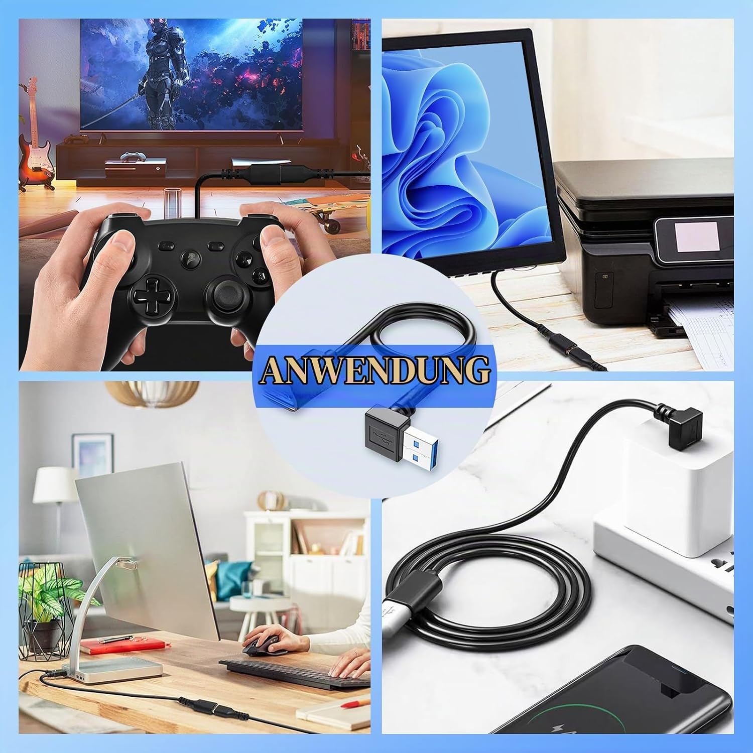 Eine Collage zeigt ein schwarzes USB-Kabel in Verwendung mit Controller, Monitor, Drucker und Ladegerät.