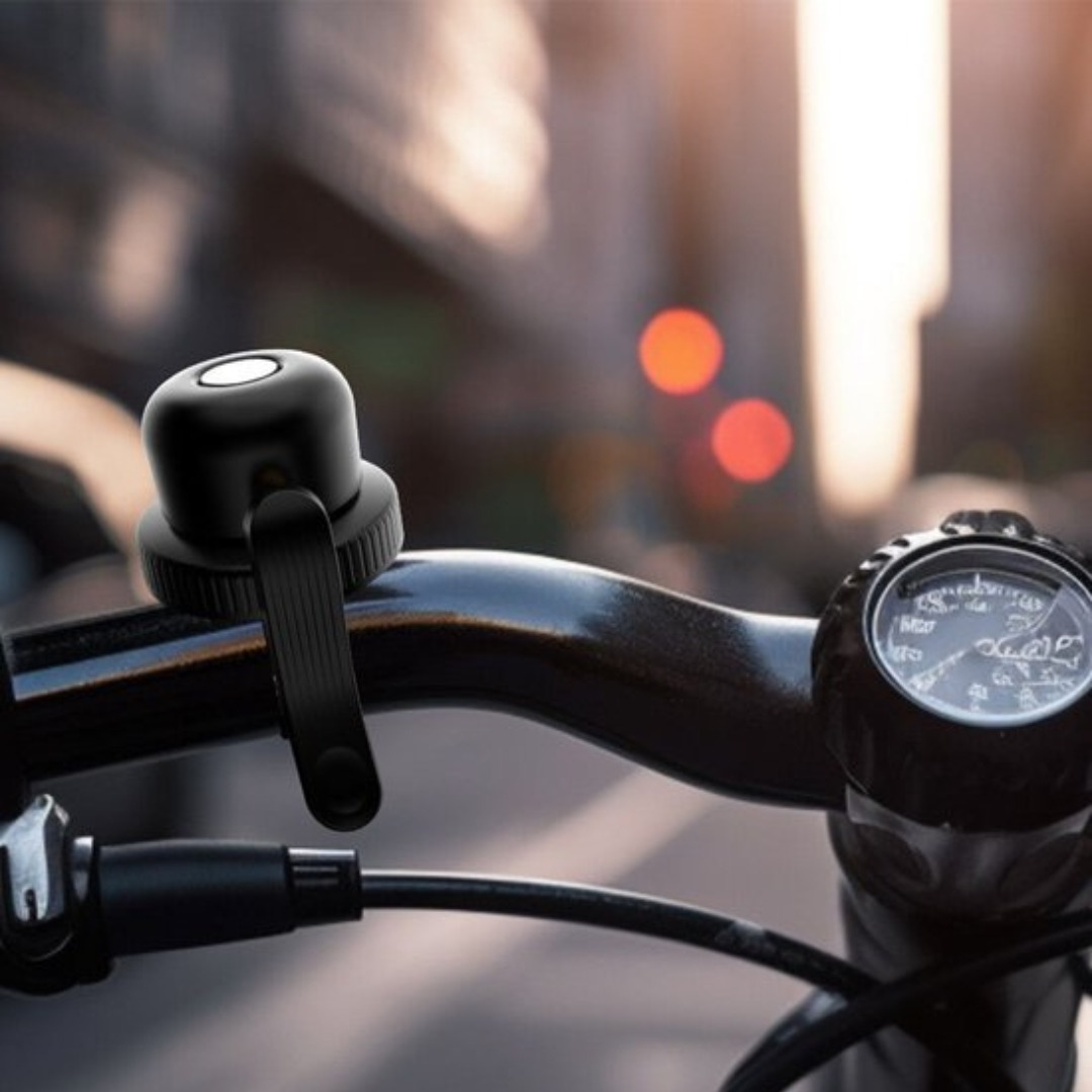 Black bicycle bell mounted on handlebars against a blurred urban background.