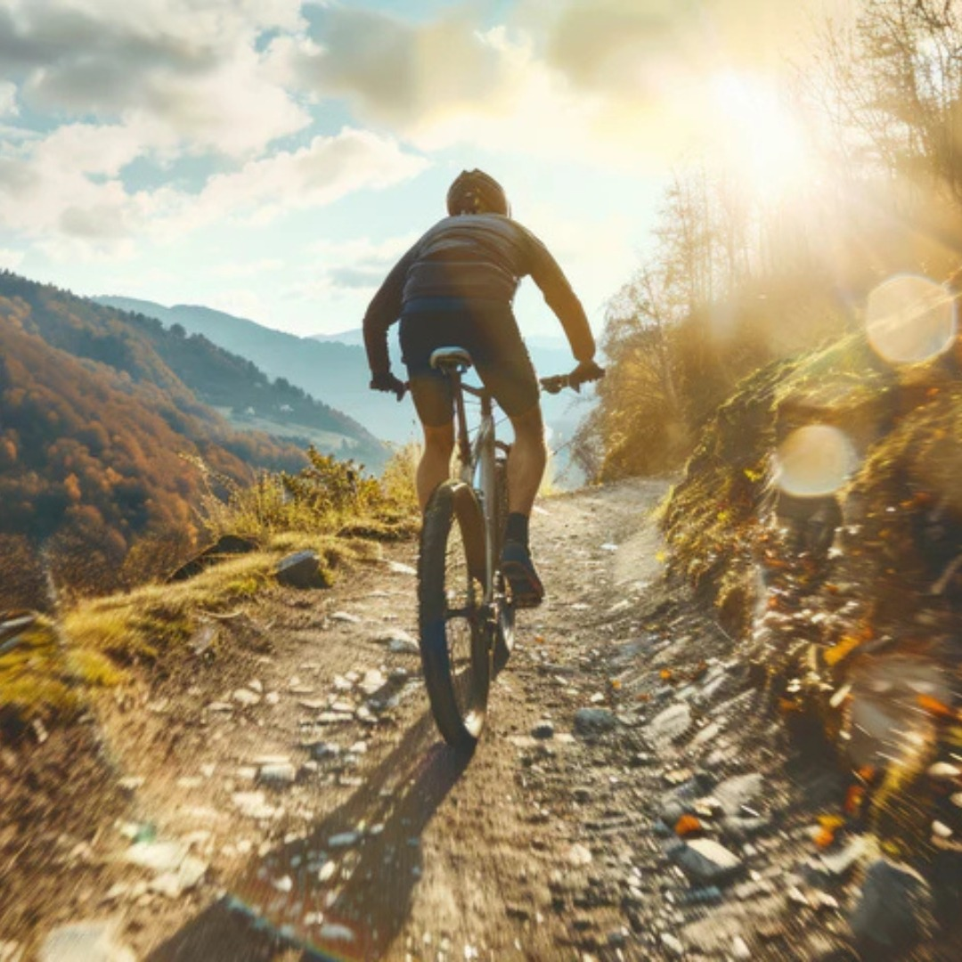 A mountain biker rides down a sunny mountain trail.