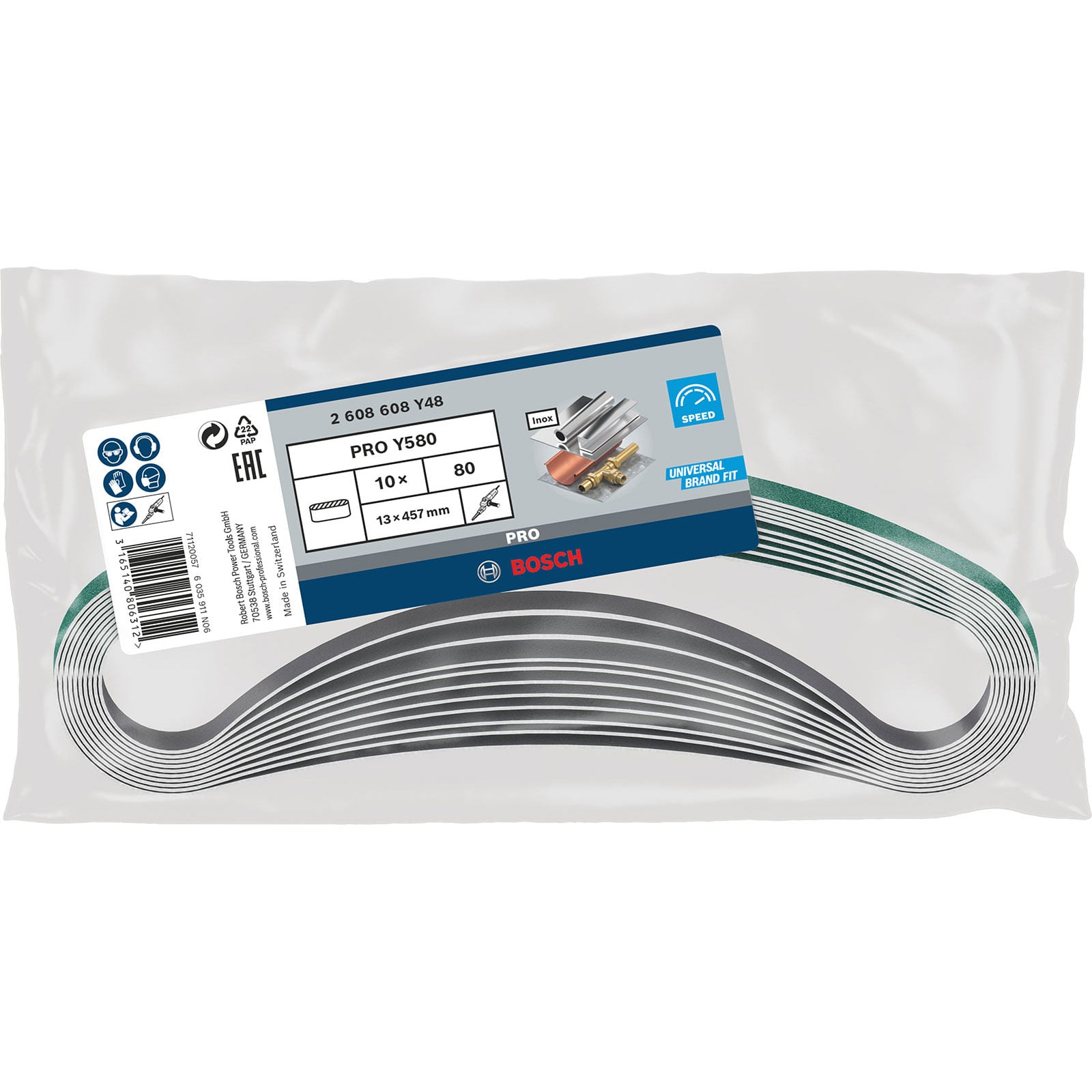 Packung mit Bosch PRO Y580 Schleifbändern in einer Kunststofftüte mit blauem Produktetikett.