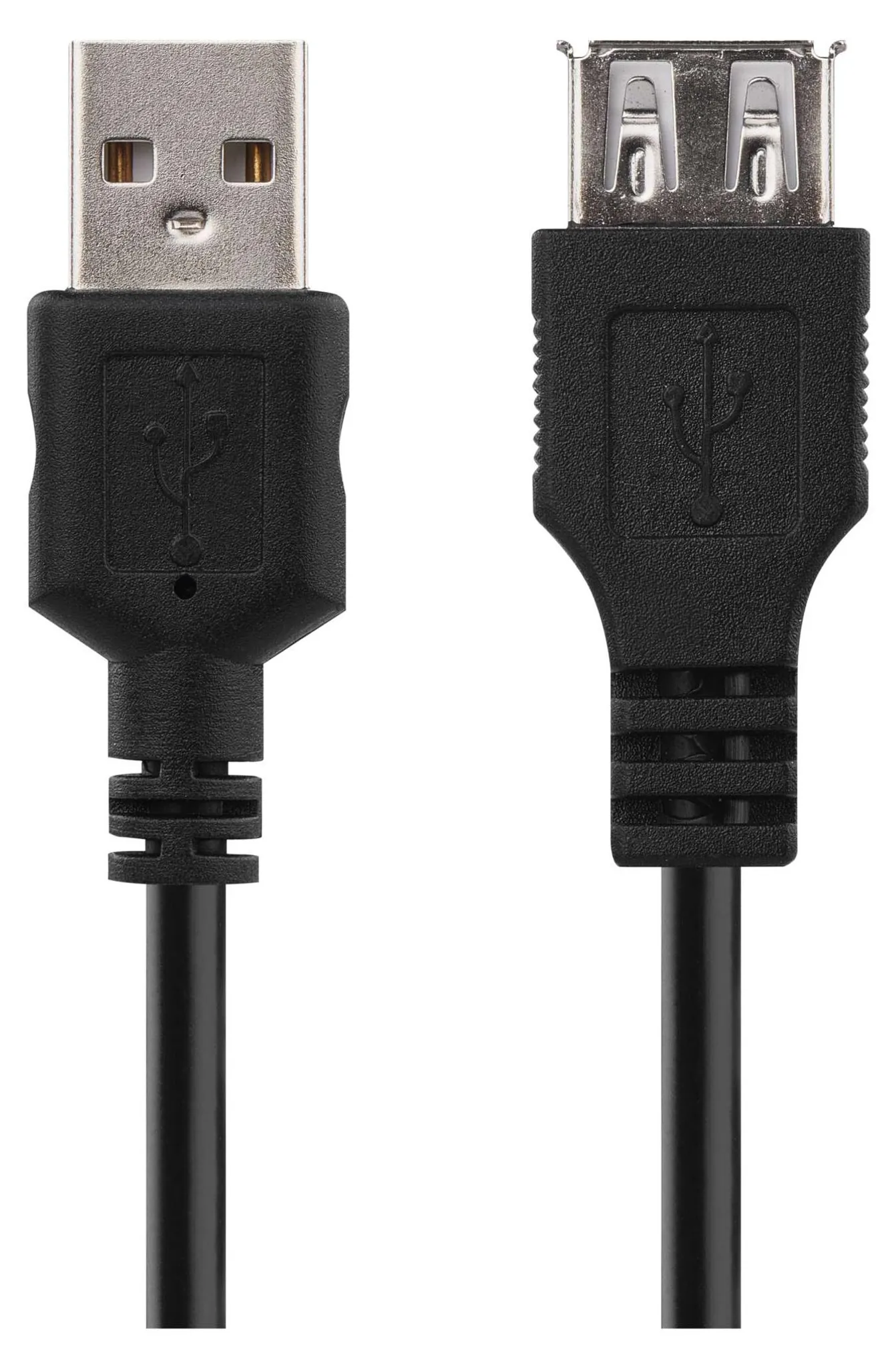 Zwei schwarze USB-Kabelenden mit USB-A-Stecker und Buchse auf weißem Hintergrund.