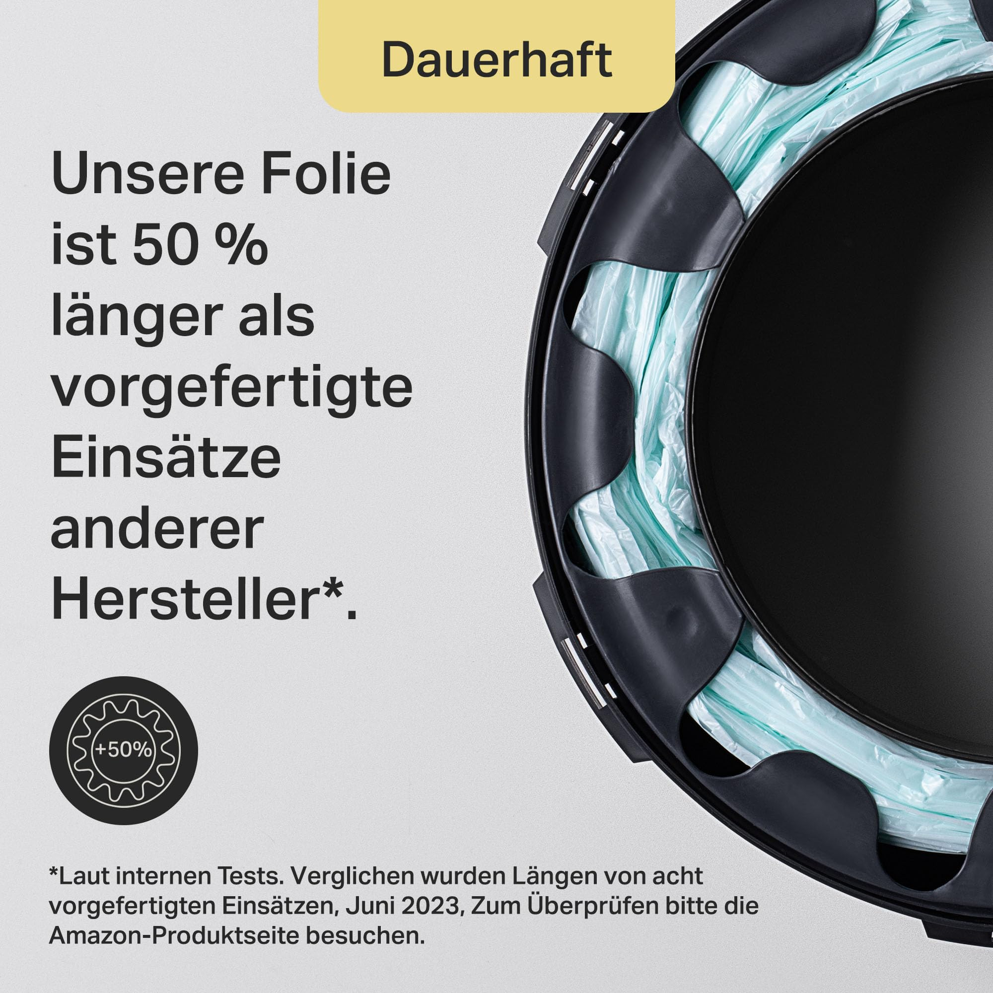 Ein Produktbild zeigt eine Müllbeutelrolle mit Text auf Deutsch über die Länge der Folie.