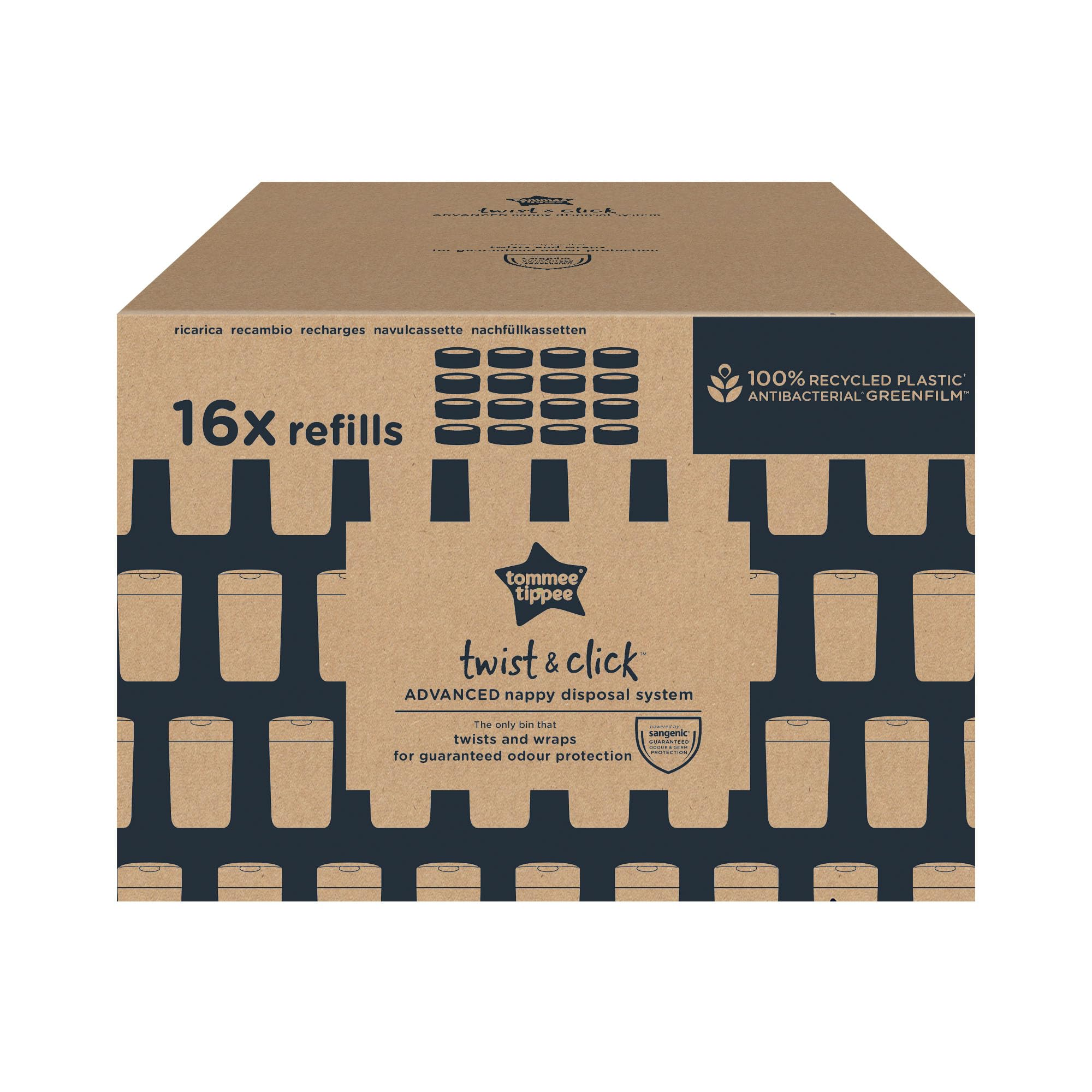 Braune Kartonverpackung von Tommee Tippee für 16 Nachfüllkassetten mit Produktgrafiken.