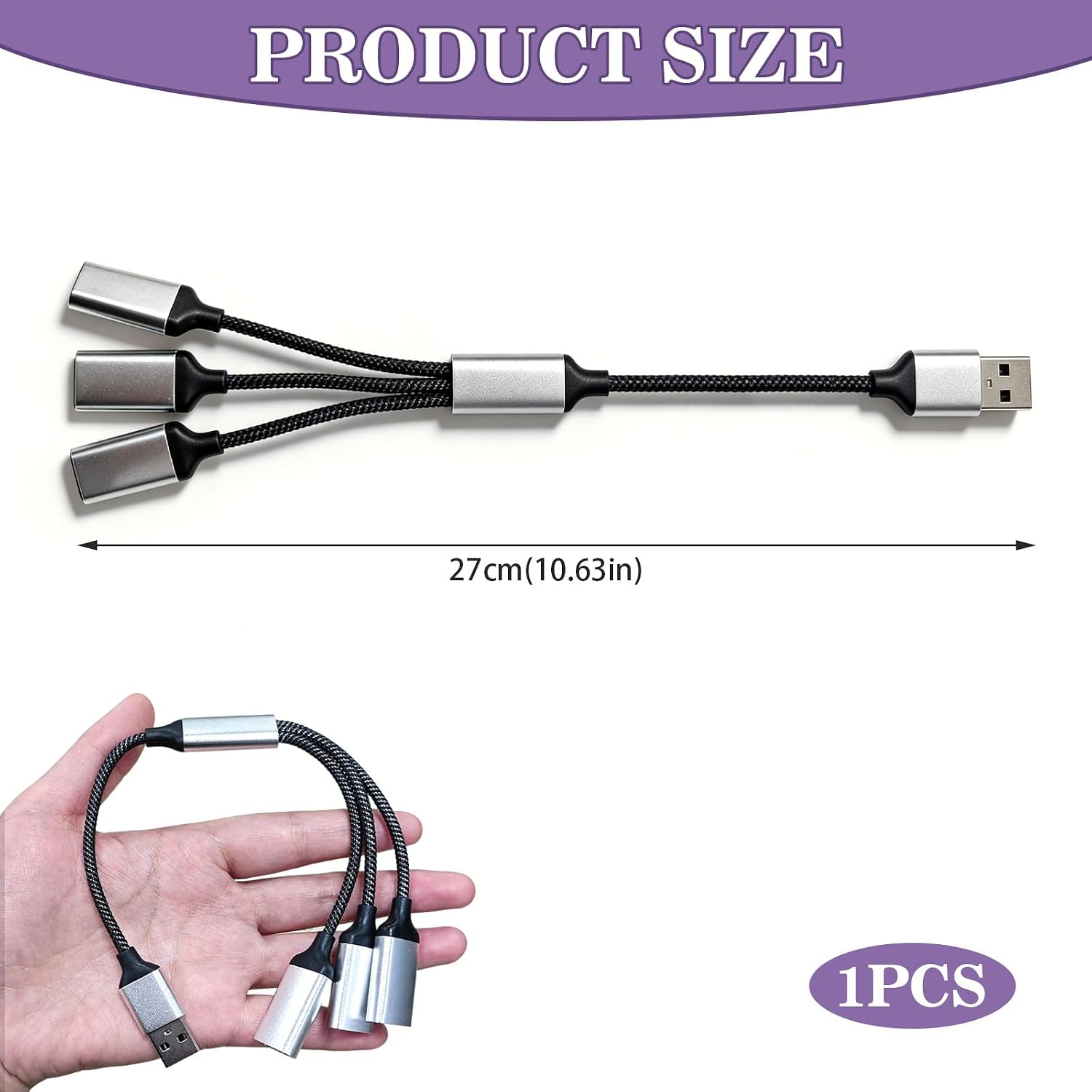 Ein silberner 1-zu-3-USB-Splitter mit schwarzem geflochtenem Kabel, 27 cm lang, in einer Hand gehalten.