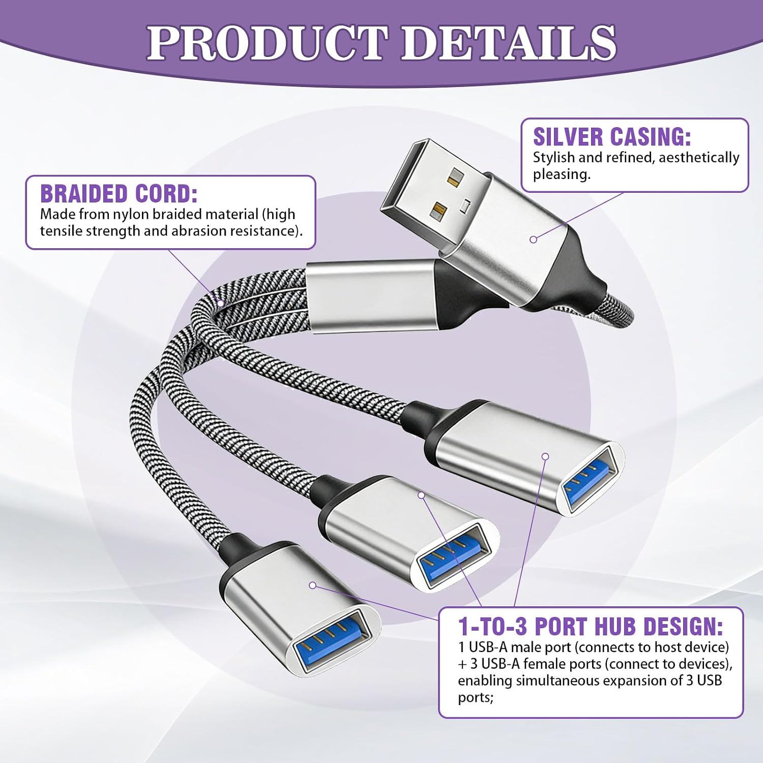 Ein 1-zu-3-USB-Hub mit Silbergehäuse und schwarz-weißen geflochtenen Kabeln zeigt Produktdetails.