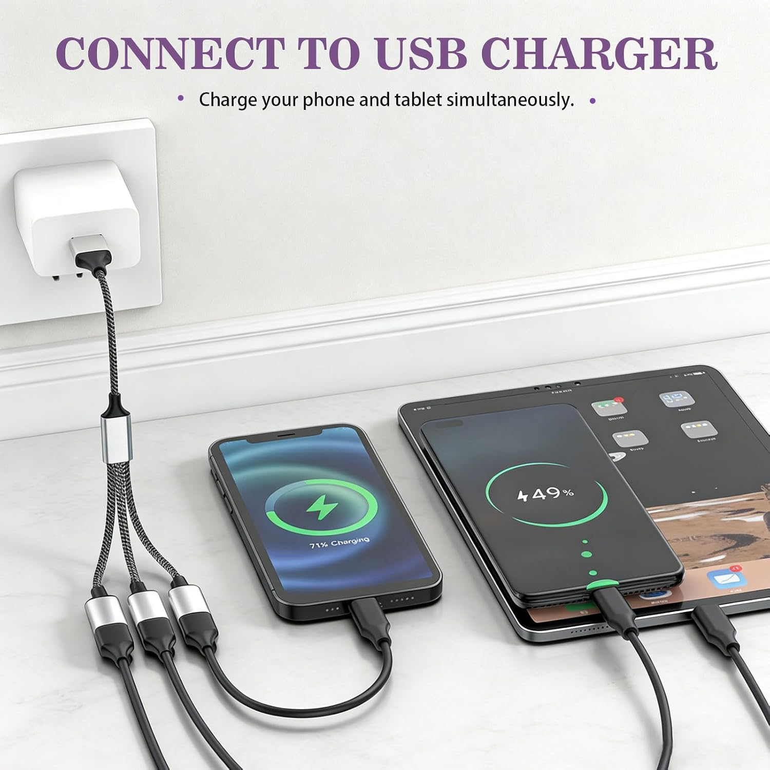 Ein USB-Wandladegerät lädt gleichzeitig ein Smartphone und ein Tablet über ein Multi-Kabel auf.