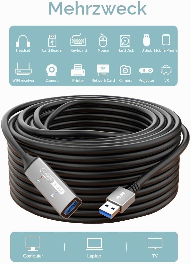 Langer schwarzer USB 3.0 Verlängerungskabelspulen mit Anschlüssen und Symbolen für kompatible Geräte.