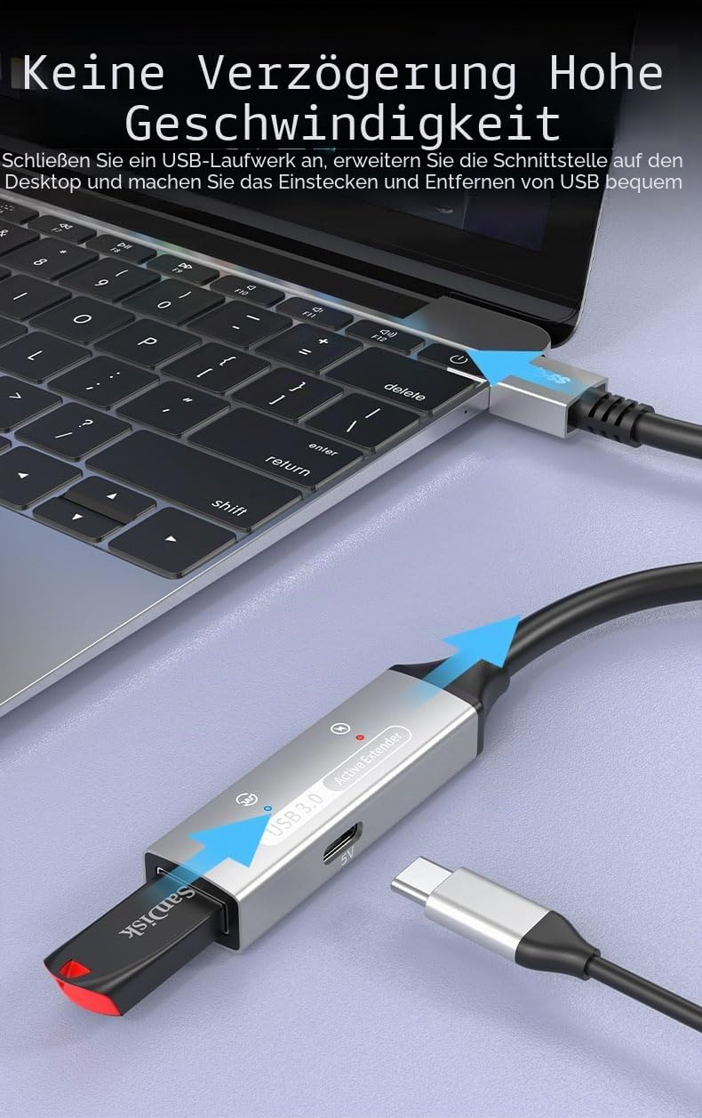 Ein USB-C-Kabel verbindet einen Laptop mit einem USB-Hub, an den ein USB-Stick angeschlossen ist.