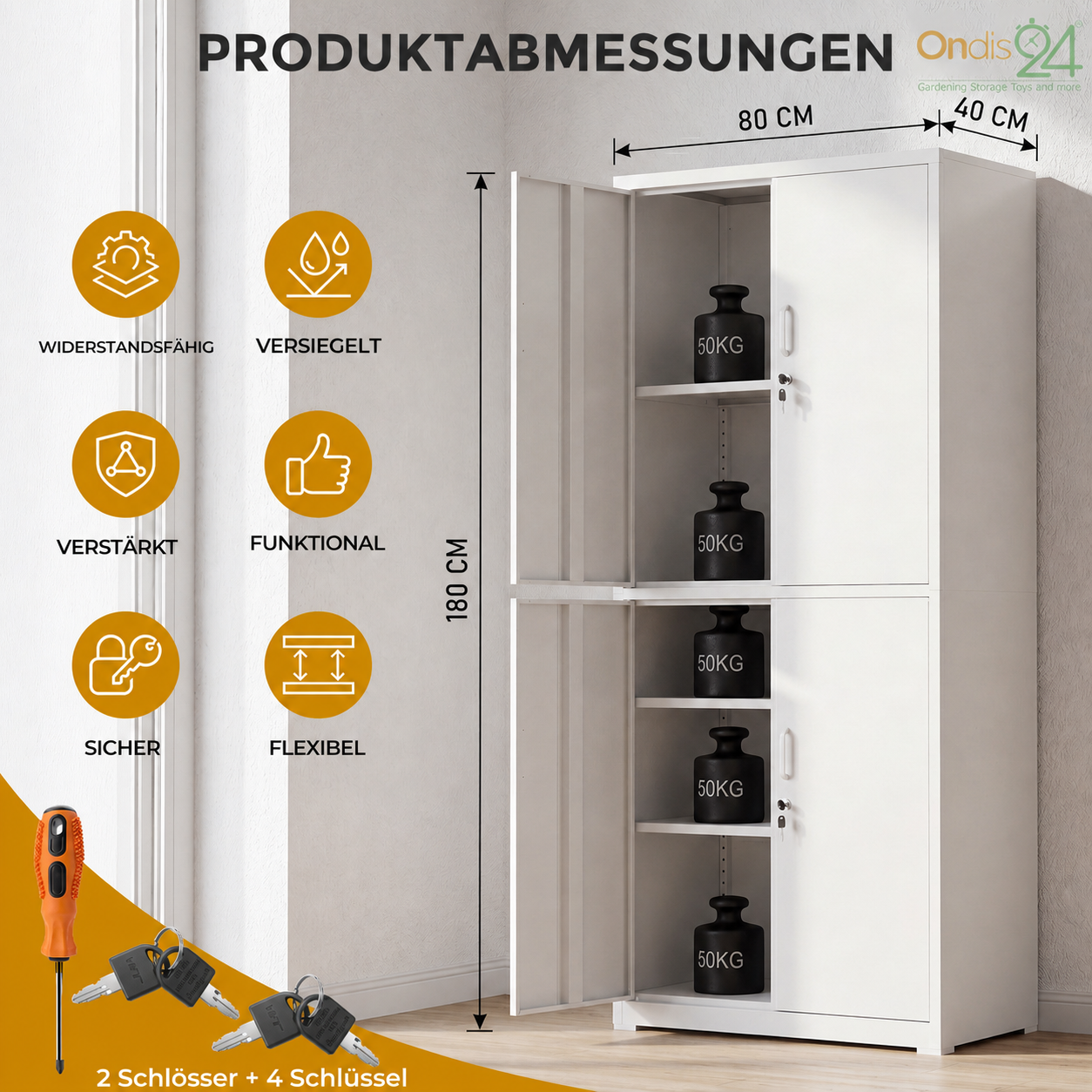 Weißer Metallschrank mit Maßen und Funktionssymbolen ringsum.