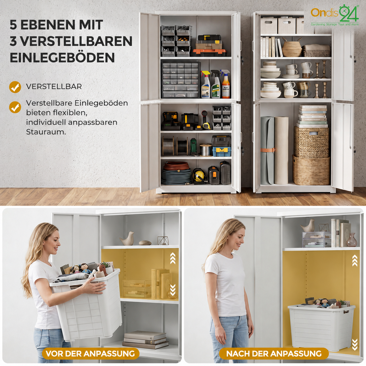 Zwei weiße Metallregale mit flexiblen Einlagen für Werkzeug und Haushaltswaren sowie eine Frau beim Einräumen.