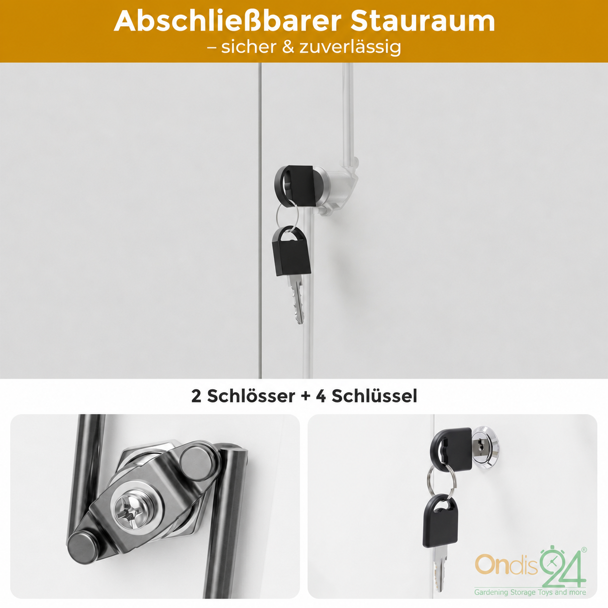 Weiße Schranktüren mit einem schwarzen Schloss, einem eingesteckten Schlüssel und einem zweiten am Schlüsselring.