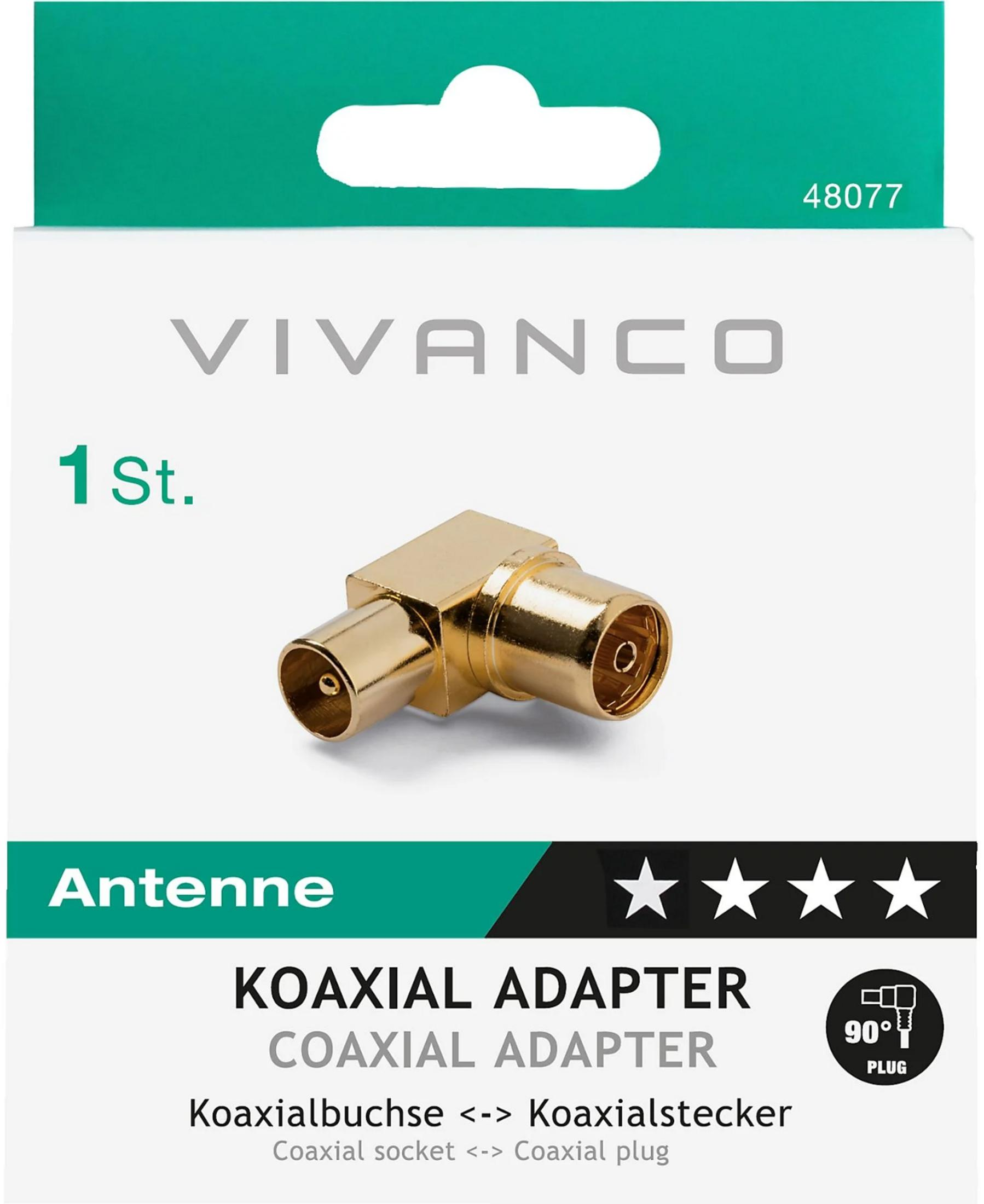 Adattatore coassiale ad angolo retto color oro sulla confezione Vivanco.