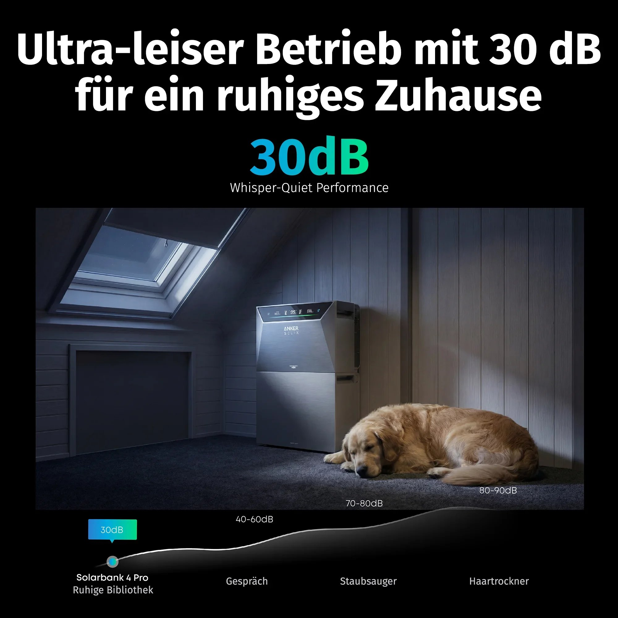 Ein silberner Anker Solix und ein schlafender Hund in einem ruhigen Raum mit Text zu 30 dB.