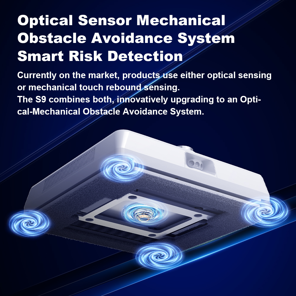 Ein weißes technisches Gerät mit blauen Sensor-Wirbeln und Text gegen einen dunklen Hintergrund.