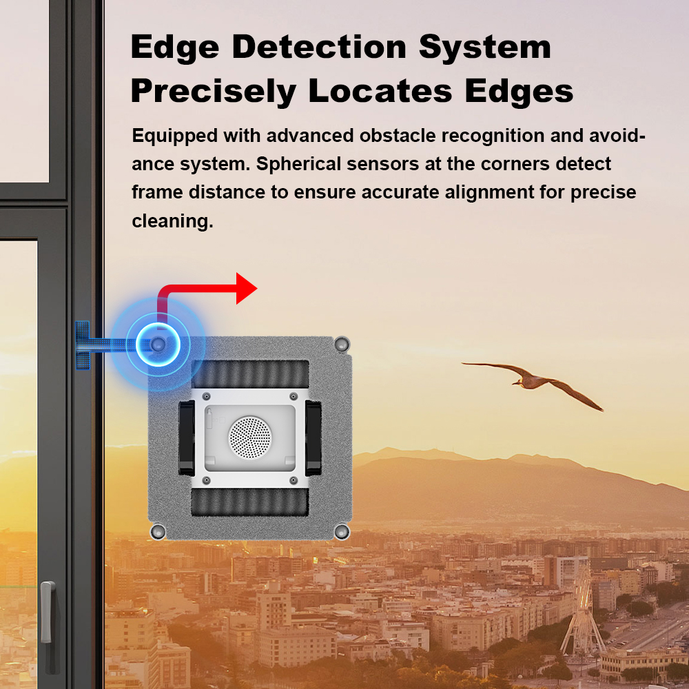 Fensterputzroboter mit Kantenerkennungssystem reinigt eine Fensterscheibe vor einer Stadtkulisse bei Sonnenuntergang.
