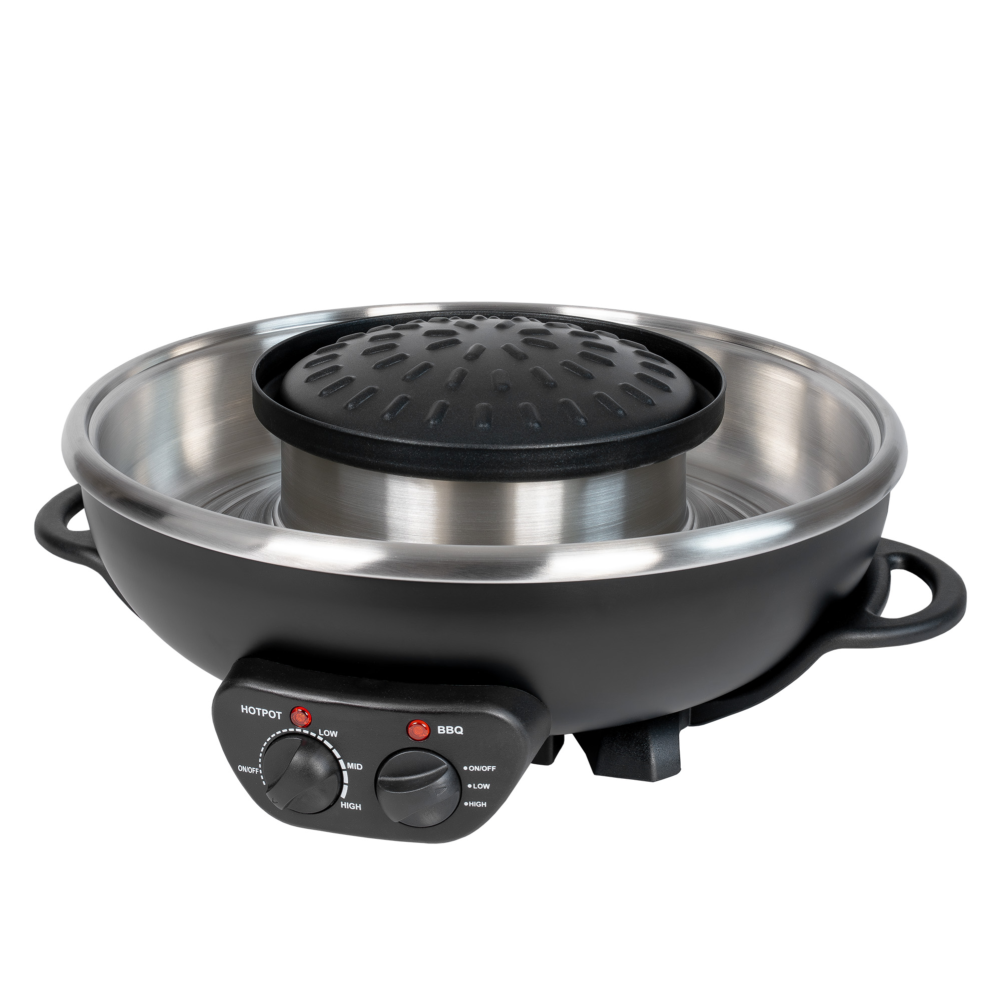 Elektrischer Hotpot und Grill in Schwarz und Silber mit zwei Temperaturreglern auf einem weißen Hintergrund.