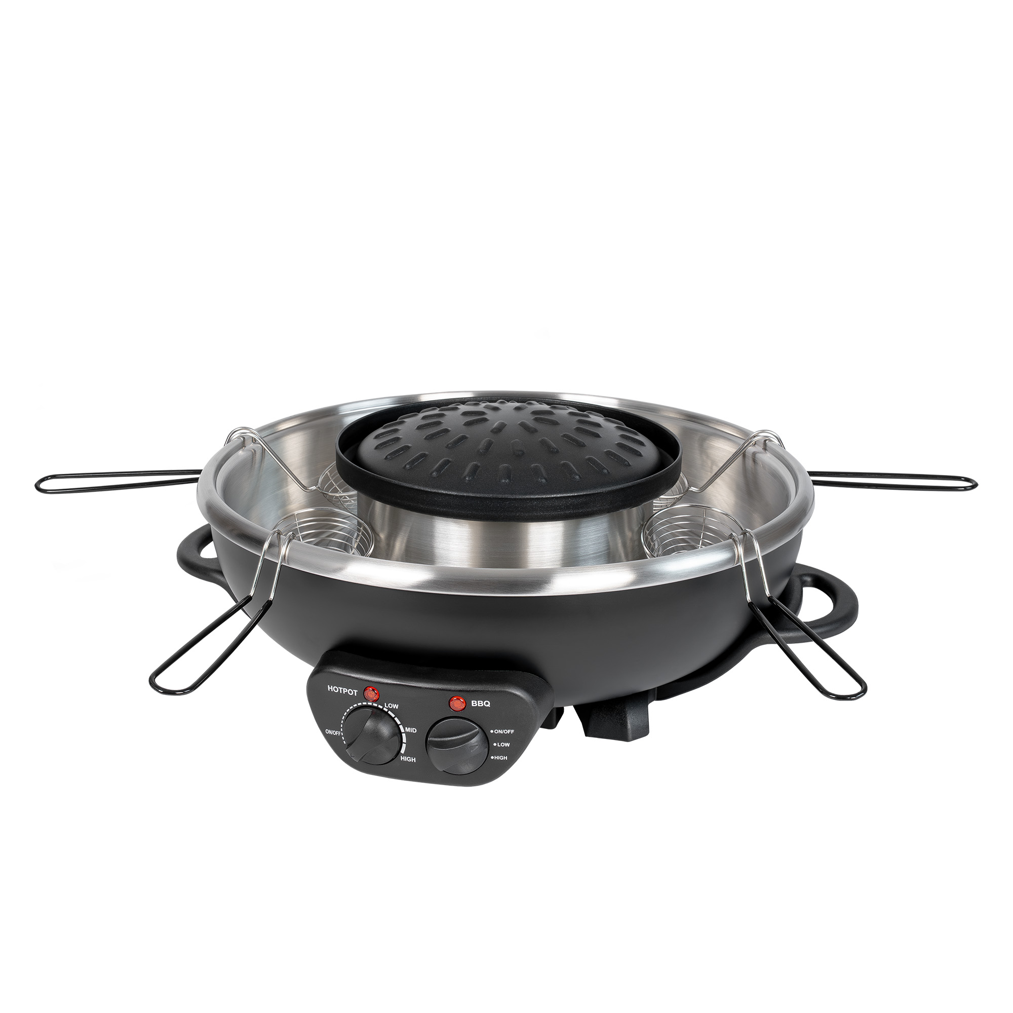 Elektrischer Hotpot mit Grill und kleinen Körben auf weißem Hintergrund.