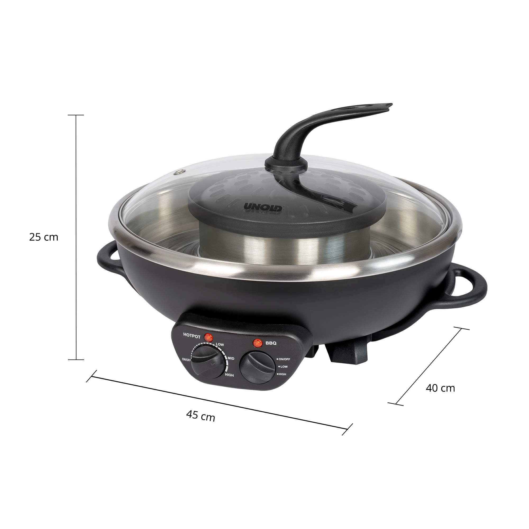 Elektrischer Hotpot und Grill mit Glasdeckel und Maßen von 45x40x25 cm.