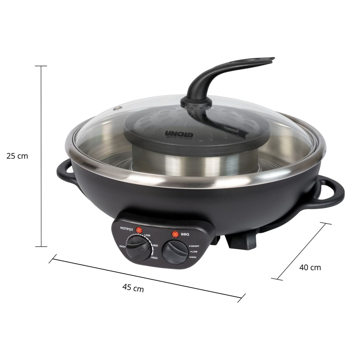 Elektrischer Unold Hotpot und Grill mit Glasdeckel und Maßen von 45x40x25 cm.