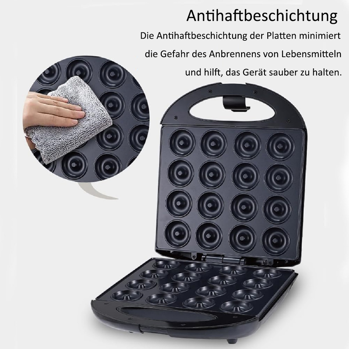 Eine Hand wischt einen Antihaft-Donutmaker mit einem Tuch ab.