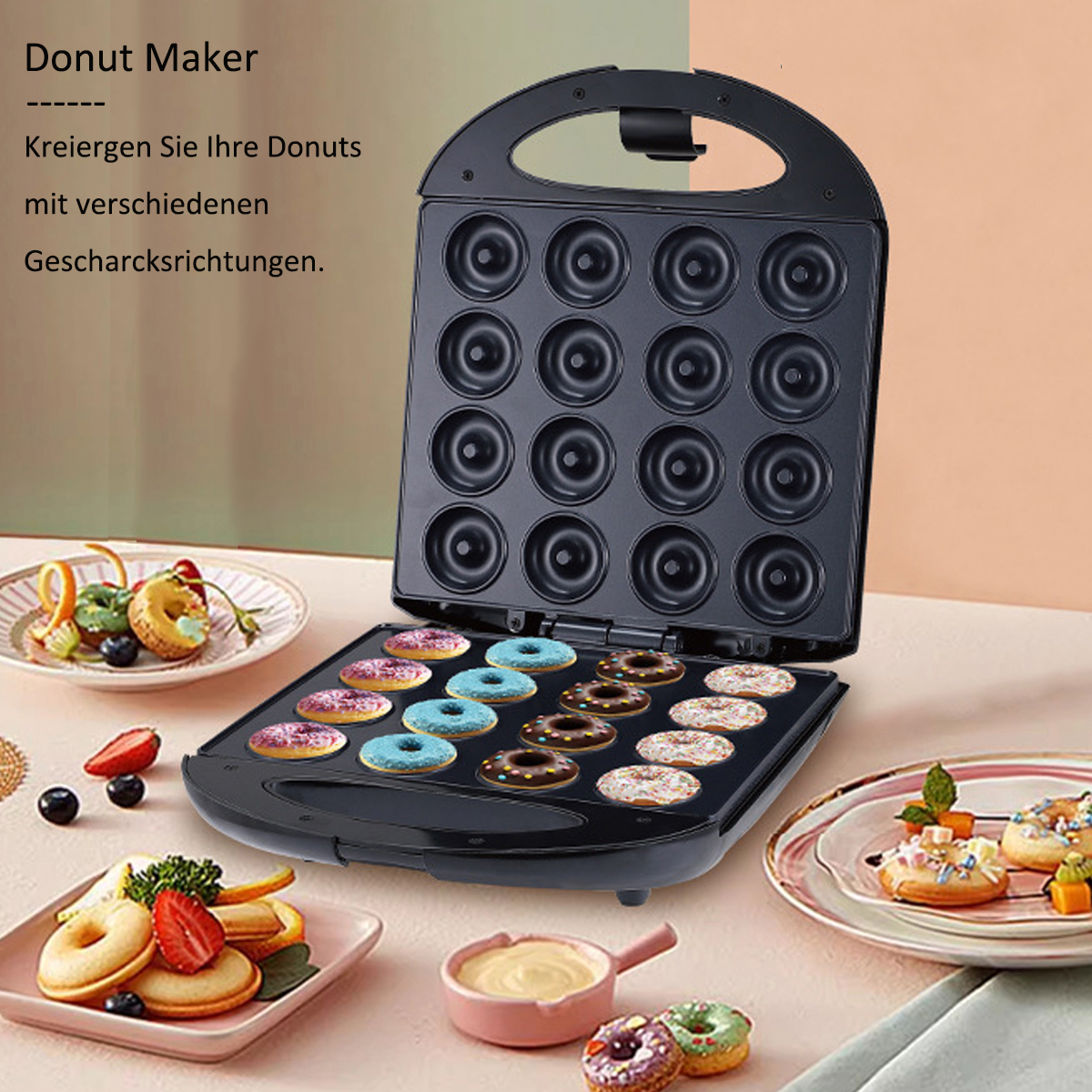 Ein schwarzer Donut-Maker auf einem Tisch, umgeben von Teller mit dekorierten Donuts und Soße.