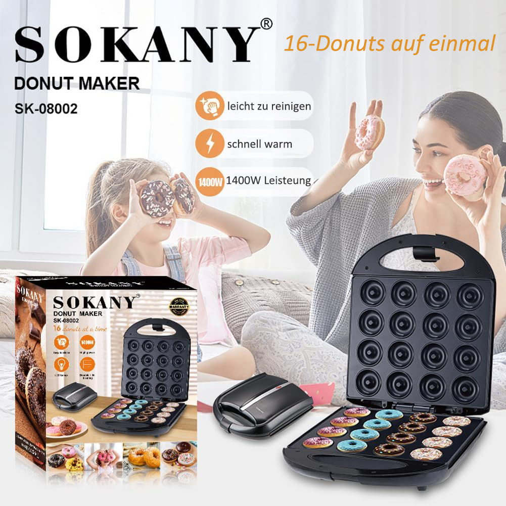 Eine Sokany Donut-Maker-Anzeige mit einer Frau und einem Kind, die Donuts halten, sowie dem Gerät und seiner Verpackung.