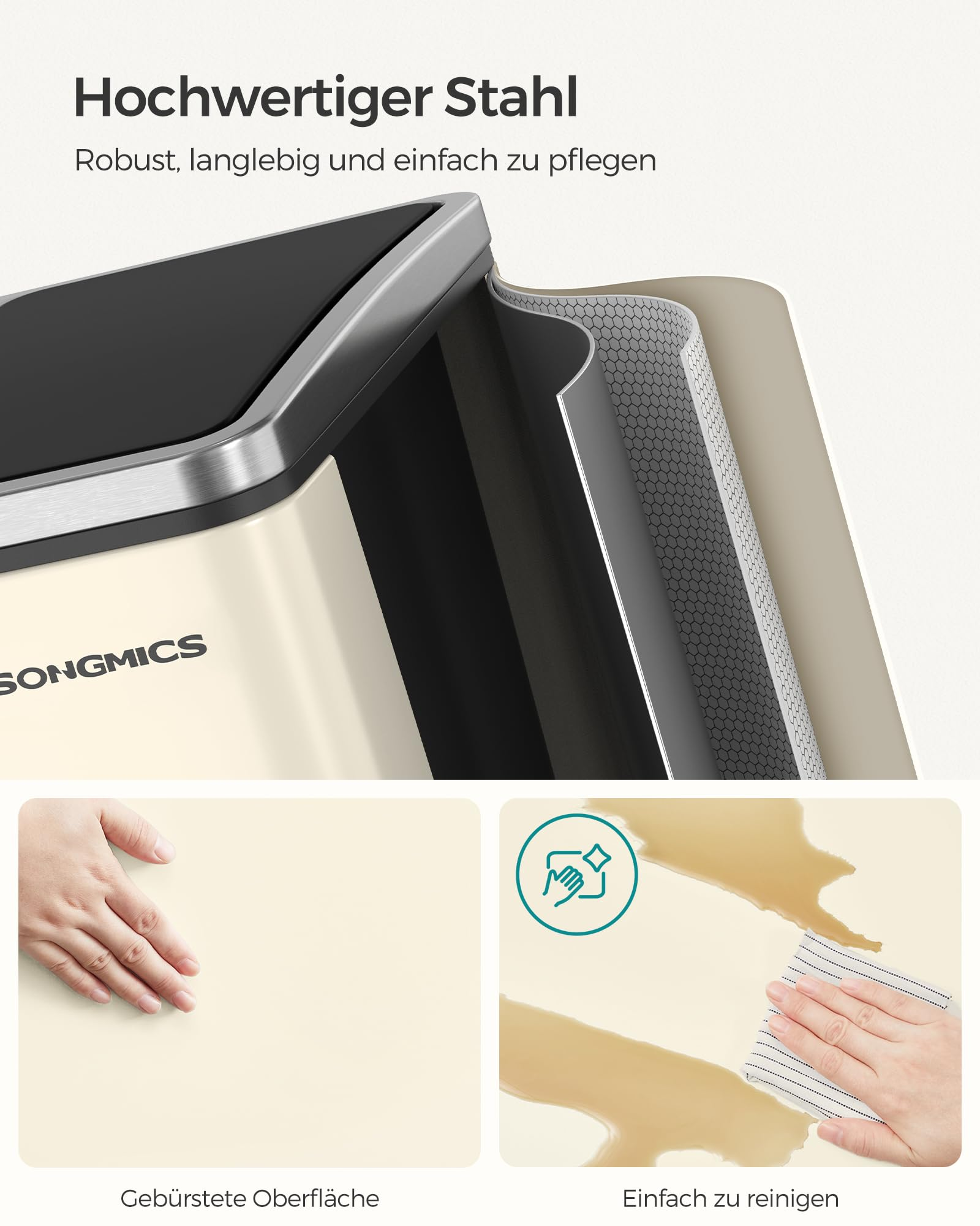 Le diagramme montre les couches de matériau d'une poubelle Songmics crème, mettant en valeur sa surface lisse et son nettoyage.