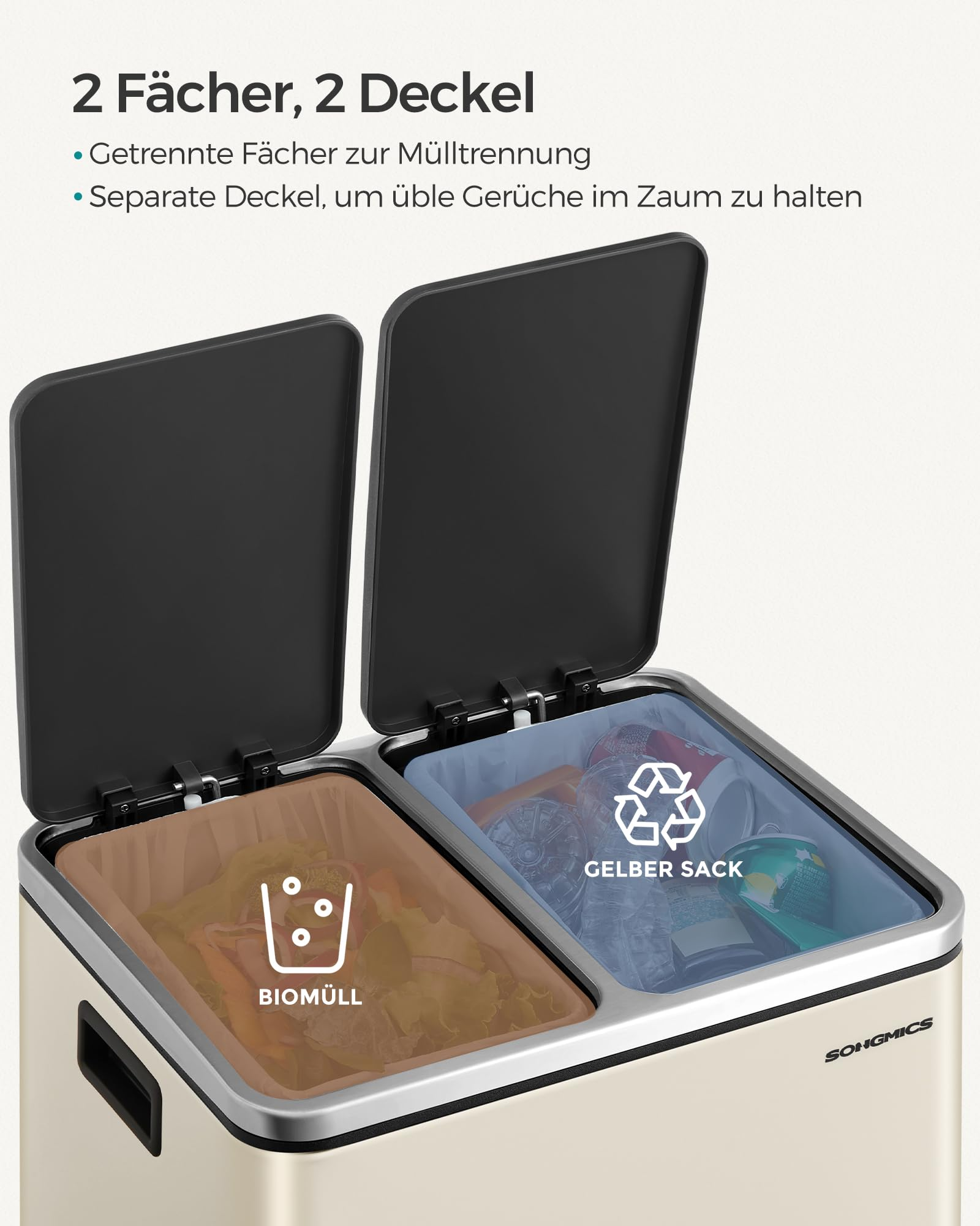 Une double poubelle de tri avec des couvercles ouverts montre des biodéchets et un sac jaune.