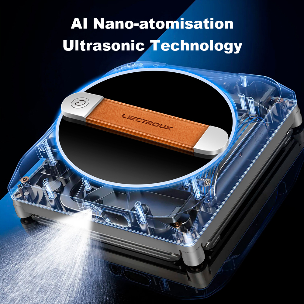 Liectroux-Gerät mit Ultraschall-Nano-Atomisierung und leuchtendem Nebelspray vor dunklem Hintergrund.