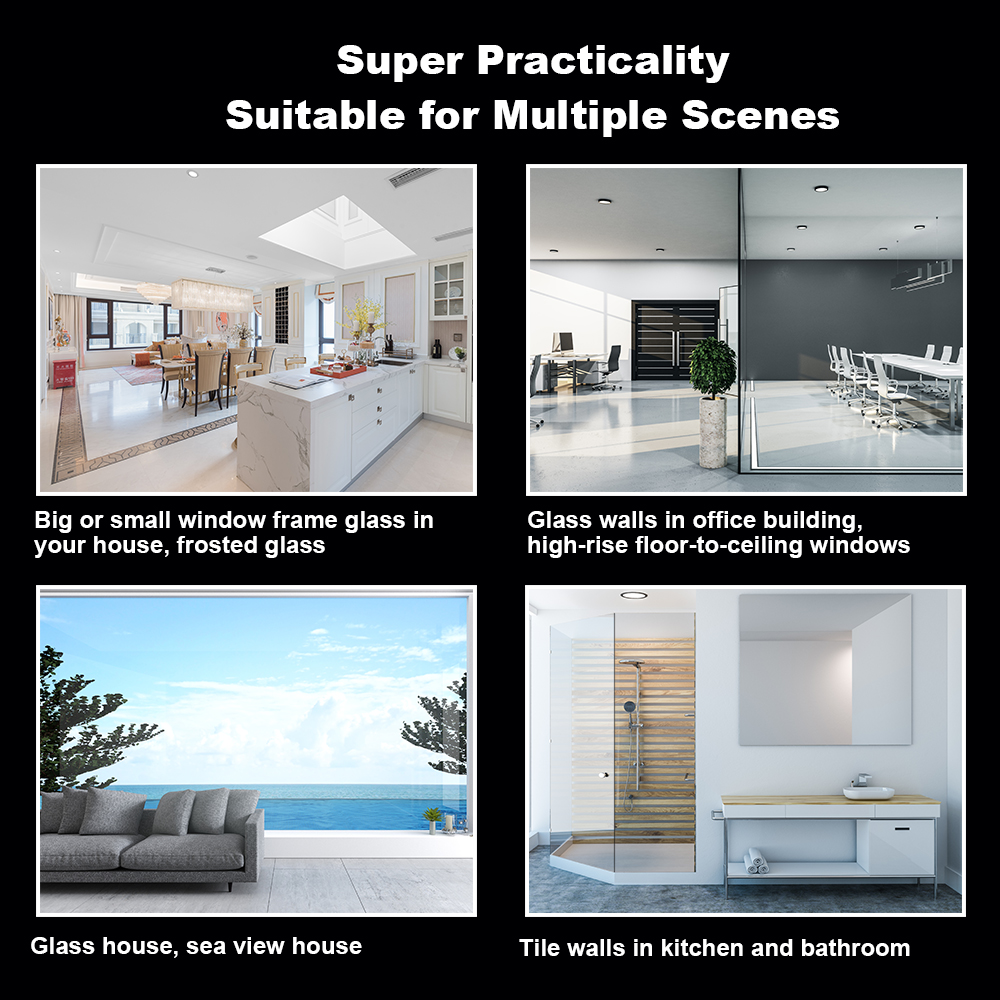 Vier Bilder zeigen verschiedene Szenen mit Glas, darunter eine Küche, ein Büro, ein Meerblick-Wohnzimmer und ein Bad.