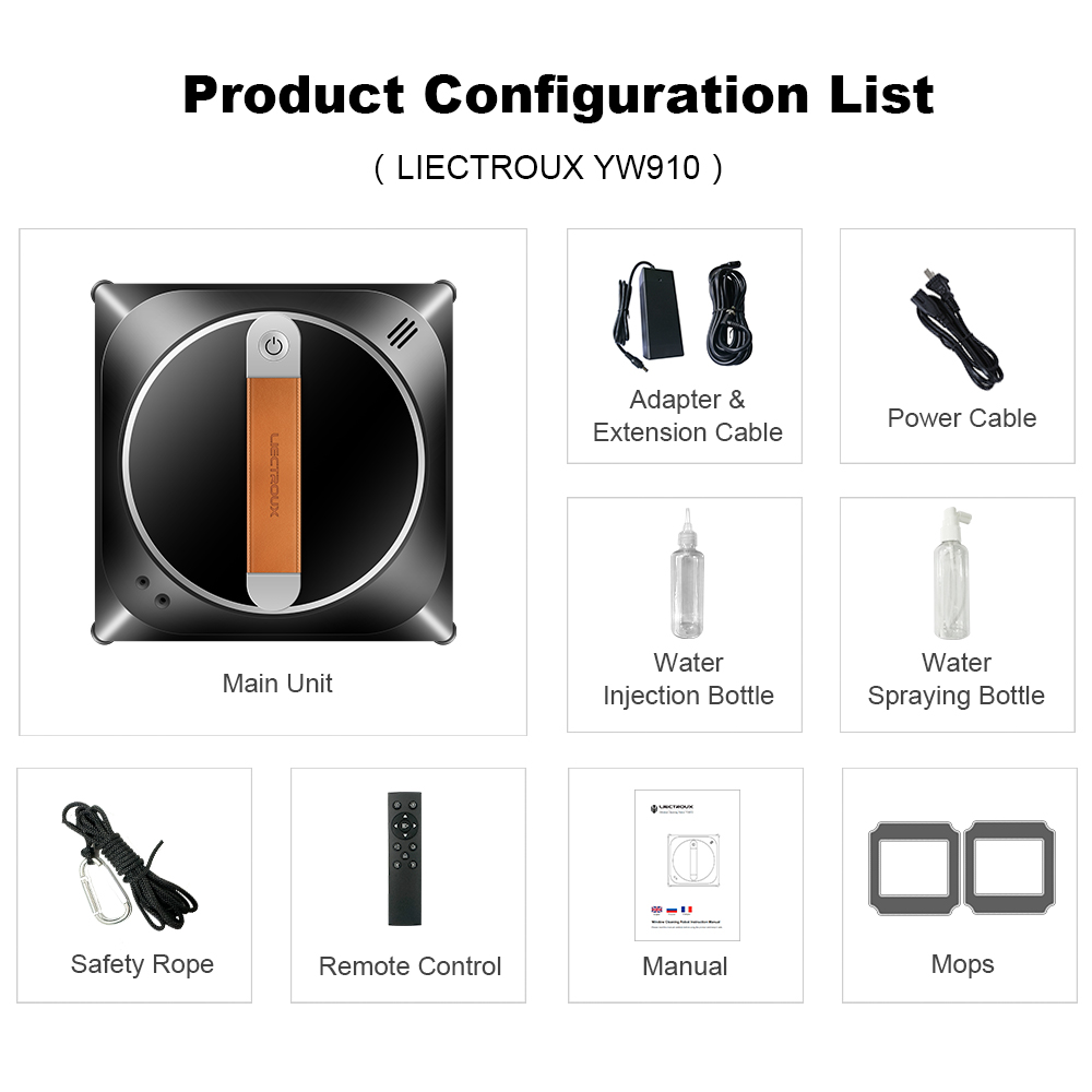Produktkonfiguration für Liectroux YW910 mit Haupteinheit, Adapter, Kabeln, Flaschen, Seil, Fernbedienung und Mops.
