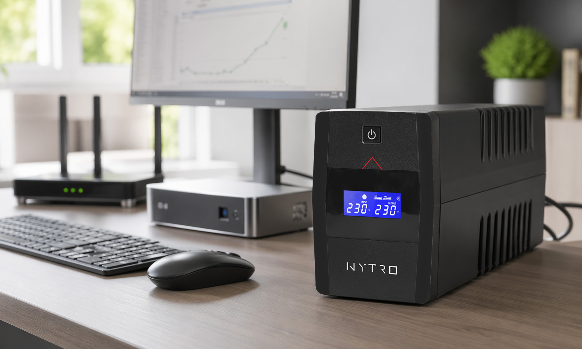 Un gruppo di continuità nero su una scrivania di legno con monitor, tastiera e mouse sullo sfondo.