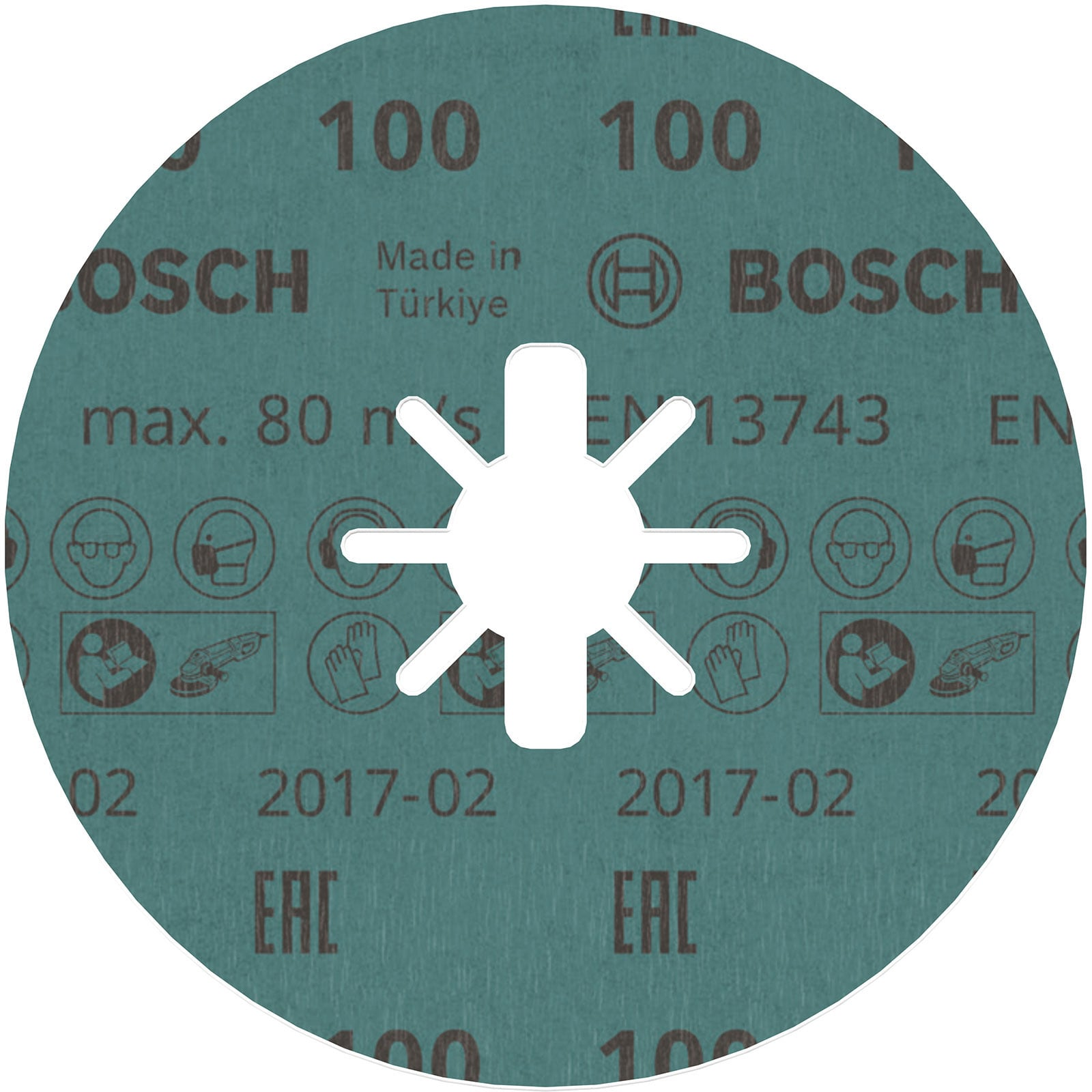 Runde grüne Bosch Fächerscheibe mit sternförmigem Mittelloch, Körnung 100 und Sicherheitspiktogrammen.
