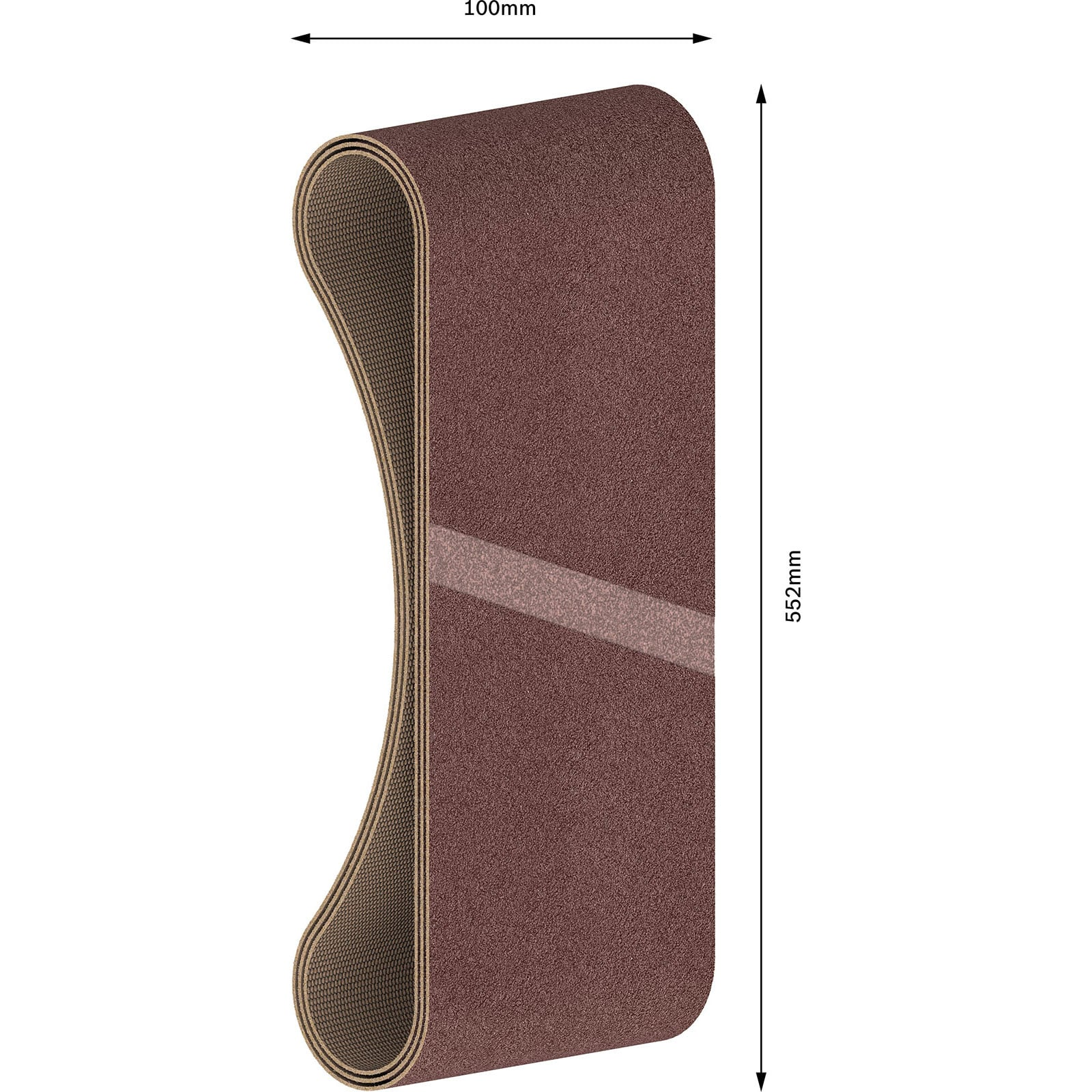 Braunes Schleifband, 100 mm breit und 552 mm lang, auf weißem Hintergrund mit Maßangaben.
