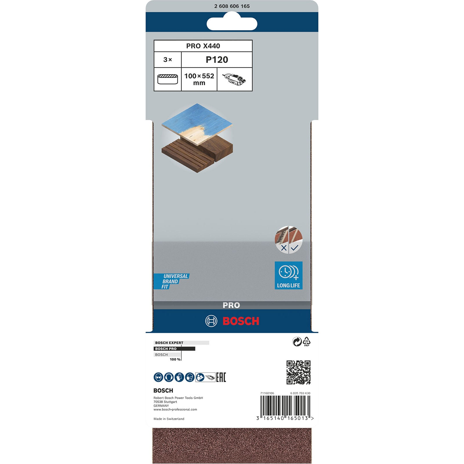 Bosch PRO X440 Schleifband Verpackung mit Produktdetails und Bosch Logo.