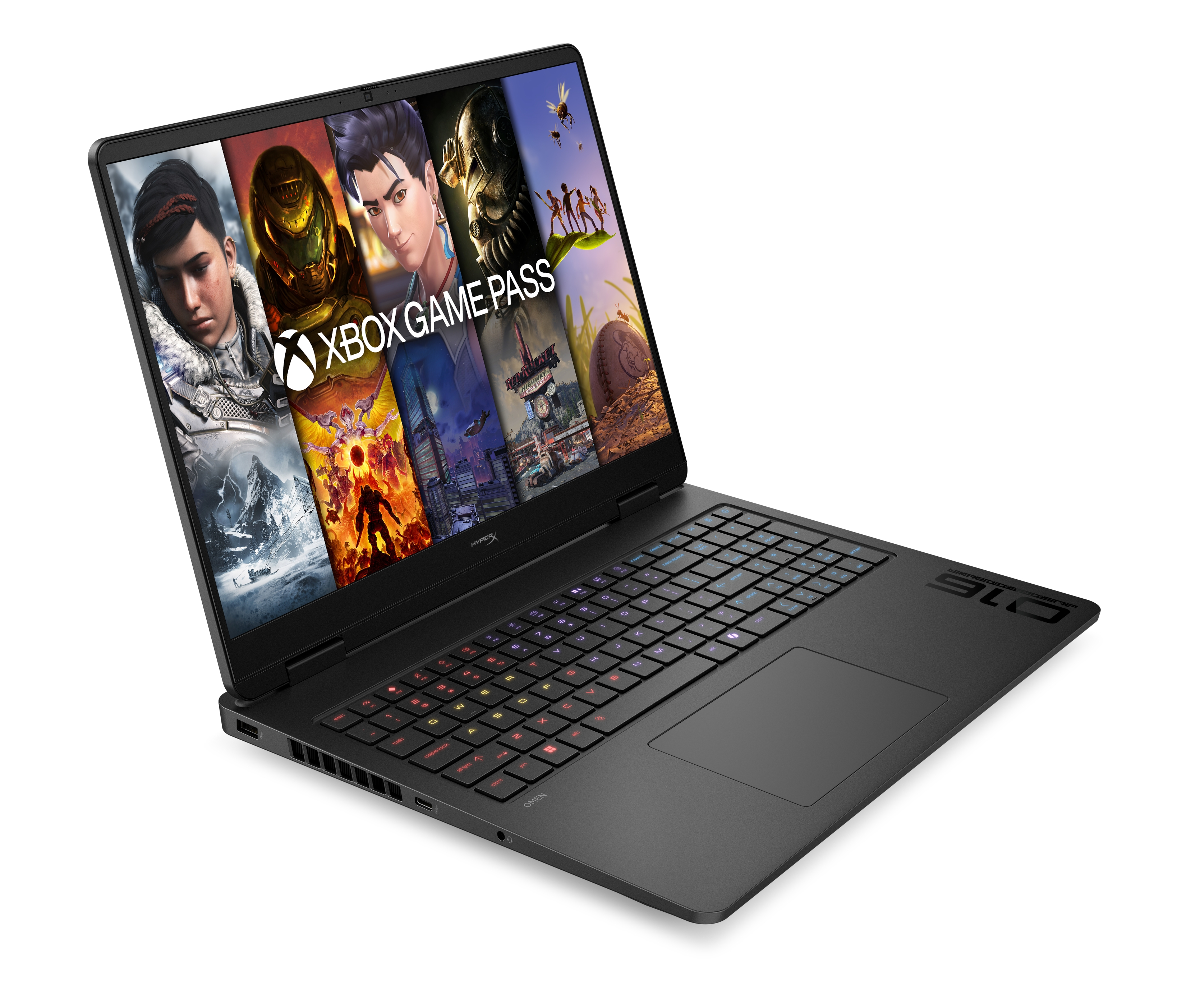 Un computer portatile da gioco nero che mostra il logo di Xbox Game Pass e vari personaggi di videogiochi.