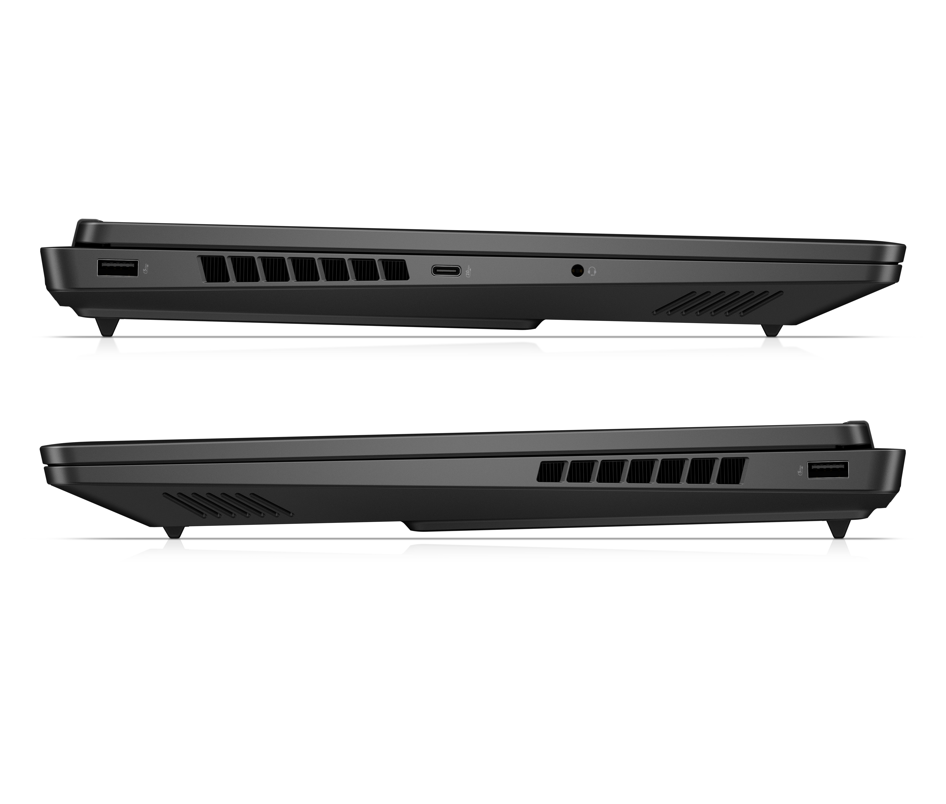 Vista laterale sinistra e destra di un laptop nero con porte USB, griglie di ventilazione e jack audio.