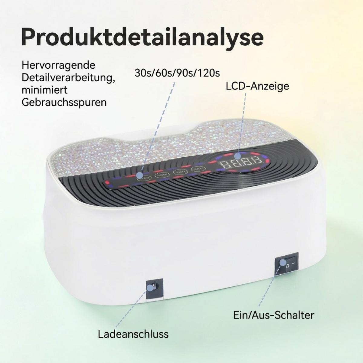 Weißes Ultraschallreinigungsgerät mit LCD-Display, Timer-Tasten, Ladeanschluss und Ein-/Ausschalter.