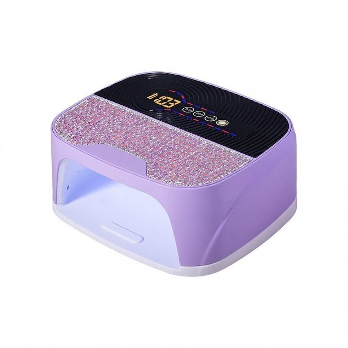 Lila Nagellack-Trockner mit Glitzer und digitalem Display auf weißem Hintergrund.