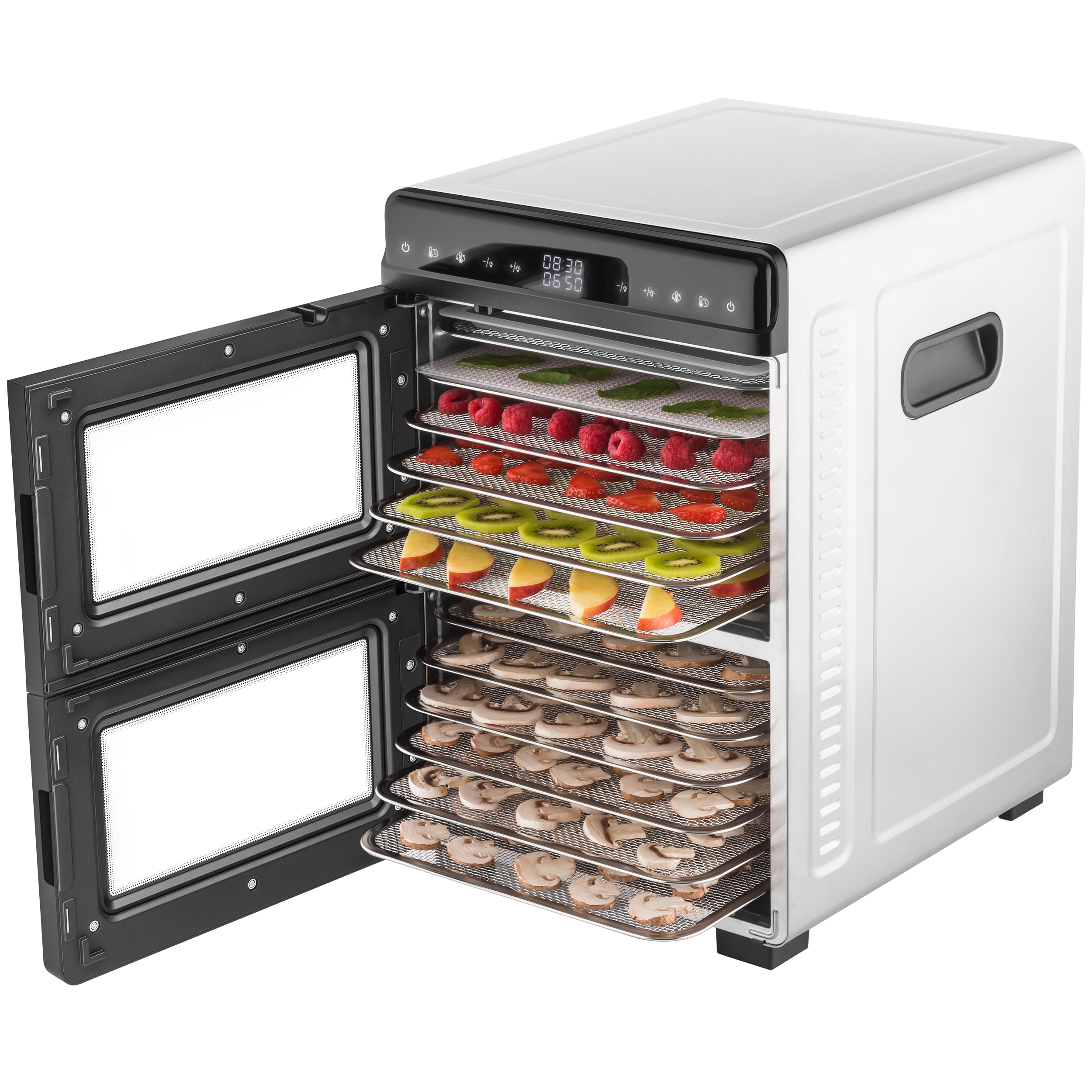 Edelstahl-Lebensmittelautomat mit offener Tür, gefüllt mit Tabletts voller getrocknetem Obst und Gemüse.