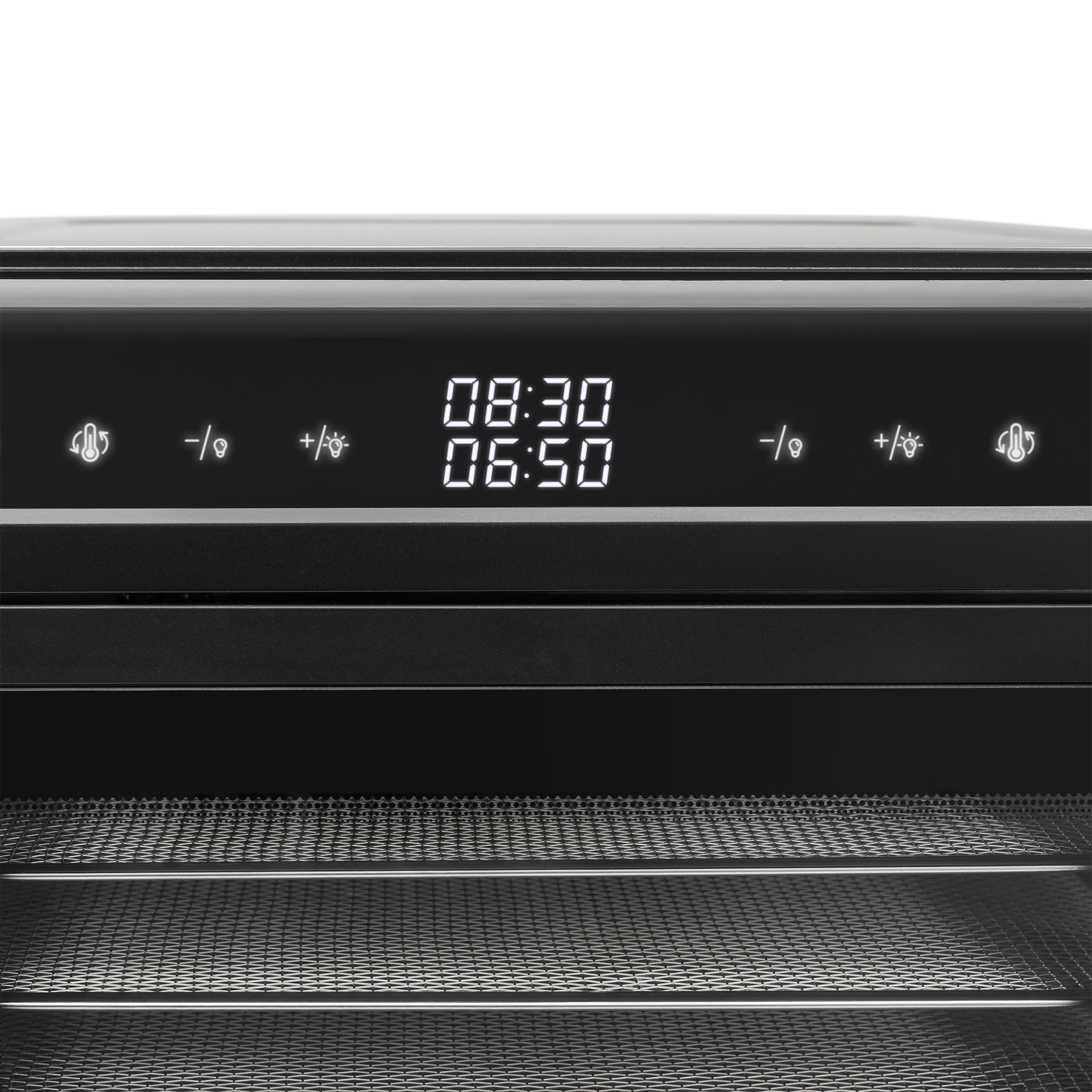 Schwarzes Bedienfeld eines Dörrgeräts mit digitalem Display und Touch-Symbolen über Metallgittern.
