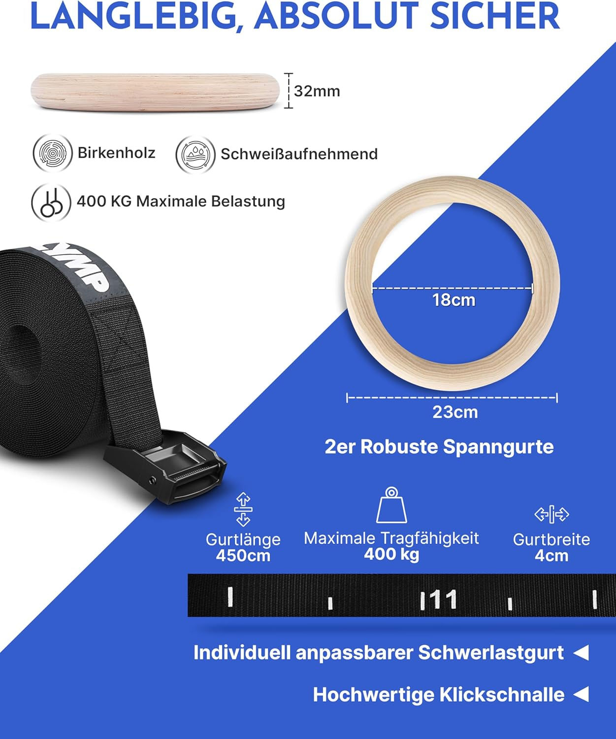 Holz-Turnringe mit Maßen, schwarzem Gurt, Schnalle und Infotext.